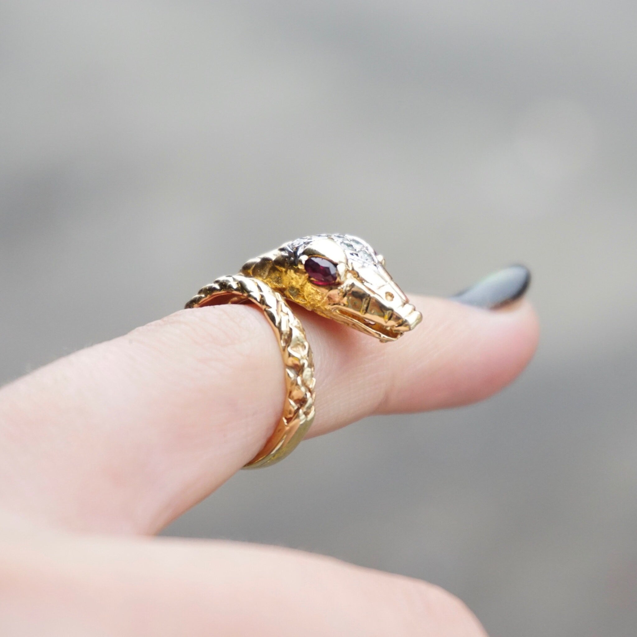 Vintage 14K Wrap Around Snake Ring With Ruby Eyes, Diamond Crusted Snake Ring With Red Eyes, Small 14K Snake Ring With Diamonds and Ruby's