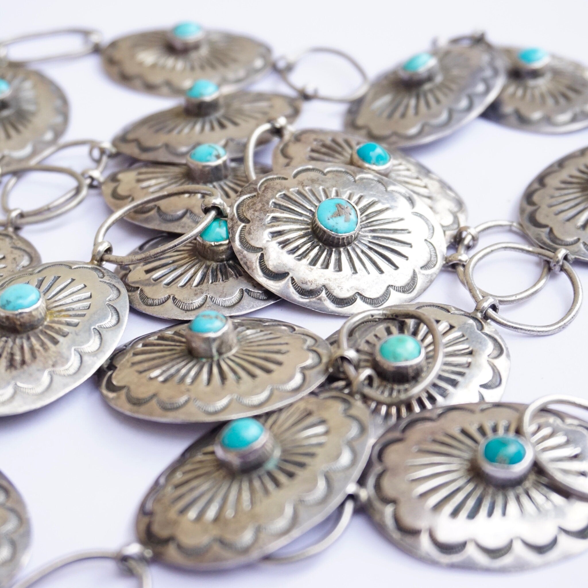 Vintage Native American Sterling Silver Turquoise Concho Belt, Adjustable Silver Belt With Accent Turquoise Stones, Old Pawn Jewelry