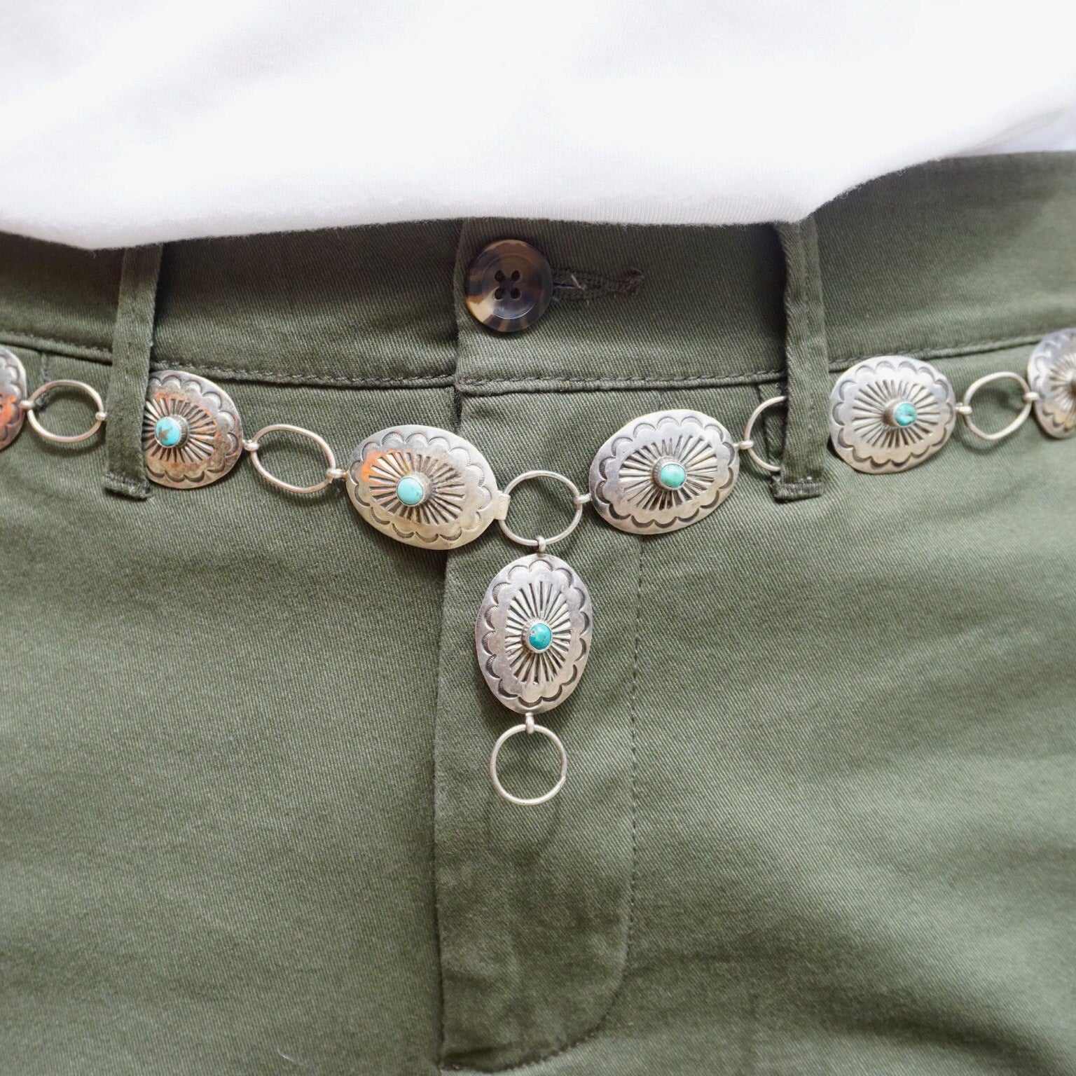 Vintage Native American Sterling Silver Turquoise Concho Belt, Adjustable Silver Belt With Accent Turquoise Stones, Old Pawn Jewelry