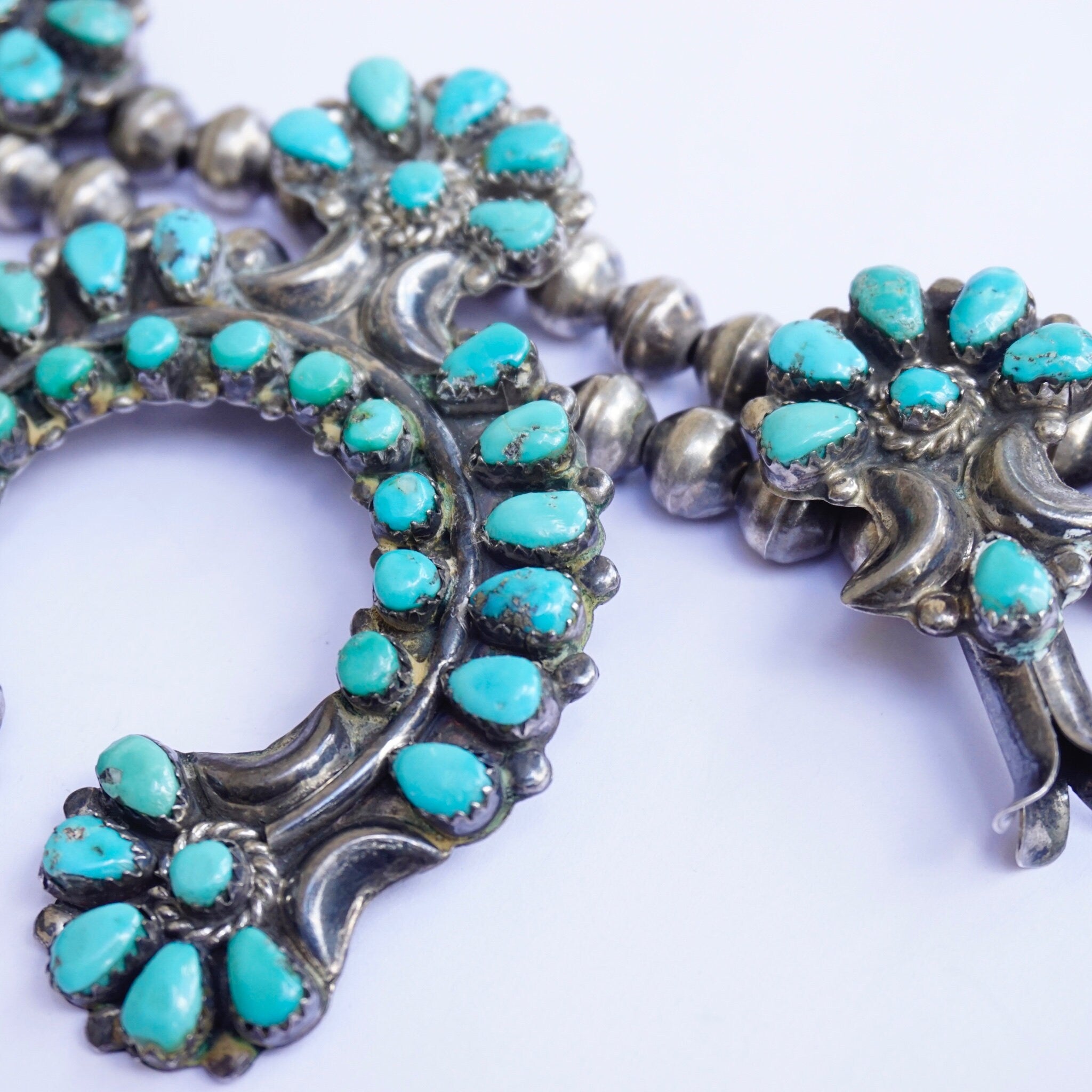 Vintage Native American Zuni Squash Blossom Necklace, Sterling Silver and Natural Turquoise Stone Necklace, Old Pawn Turquoise Jewelry