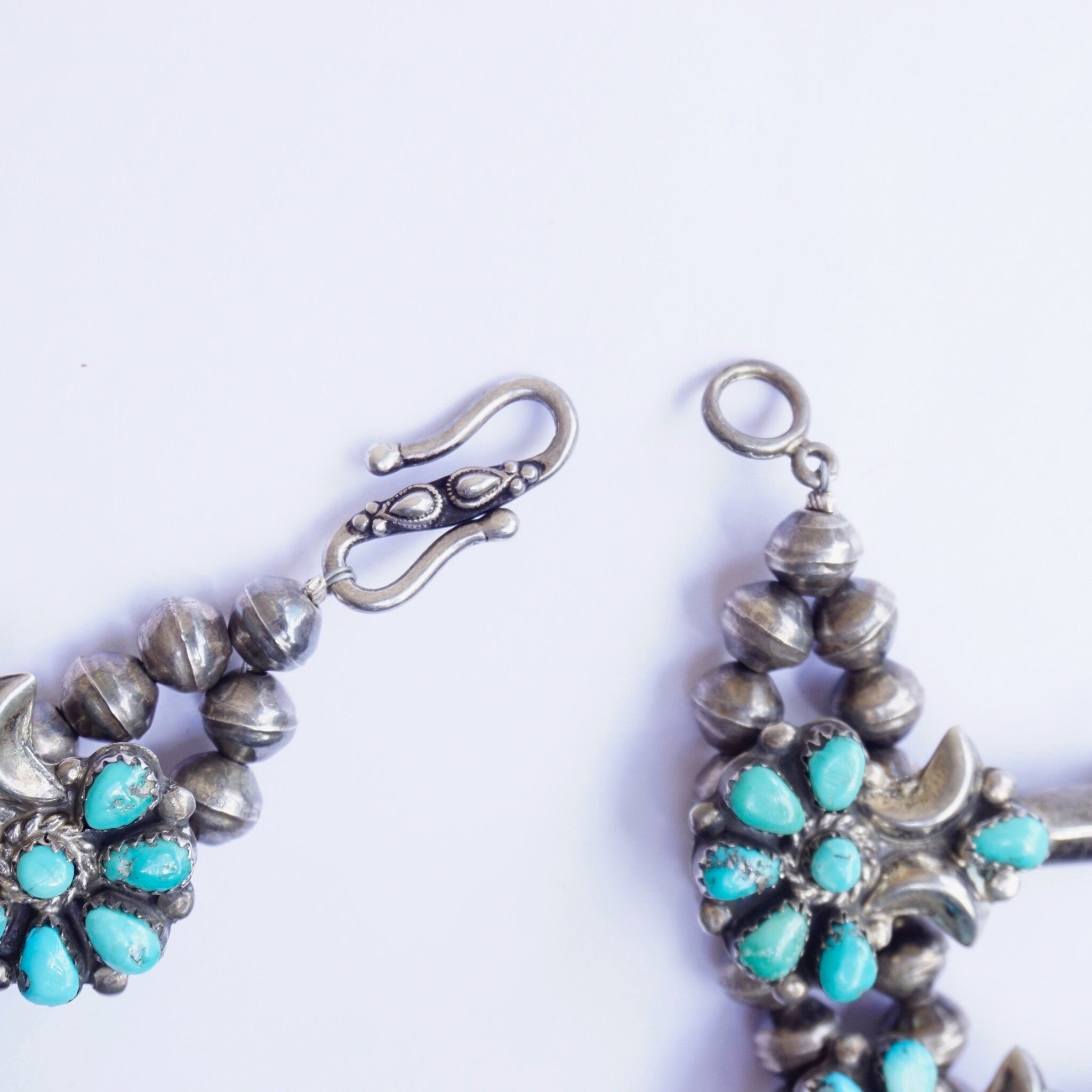 Vintage Native American Zuni Squash Blossom Necklace, Sterling Silver and Natural Turquoise Stone Necklace, Old Pawn Turquoise Jewelry