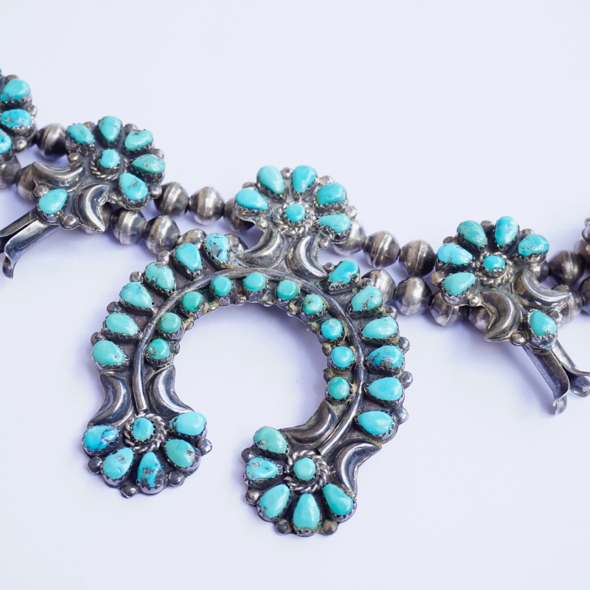 Vintage Native American Zuni Squash Blossom Necklace, Sterling Silver and Natural Turquoise Stone Necklace, Old Pawn Turquoise Jewelry