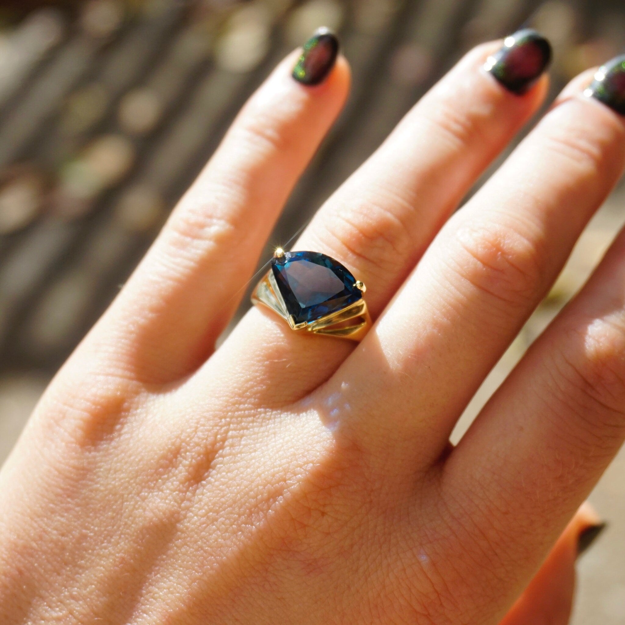 Vintage 14K Gold Blue Topaz Ring, Raised Trillion Cut Blue Topaz With Yellow Gold Setting, Thailand Blue Topaz Cocktail Ring, 14K Jewelry