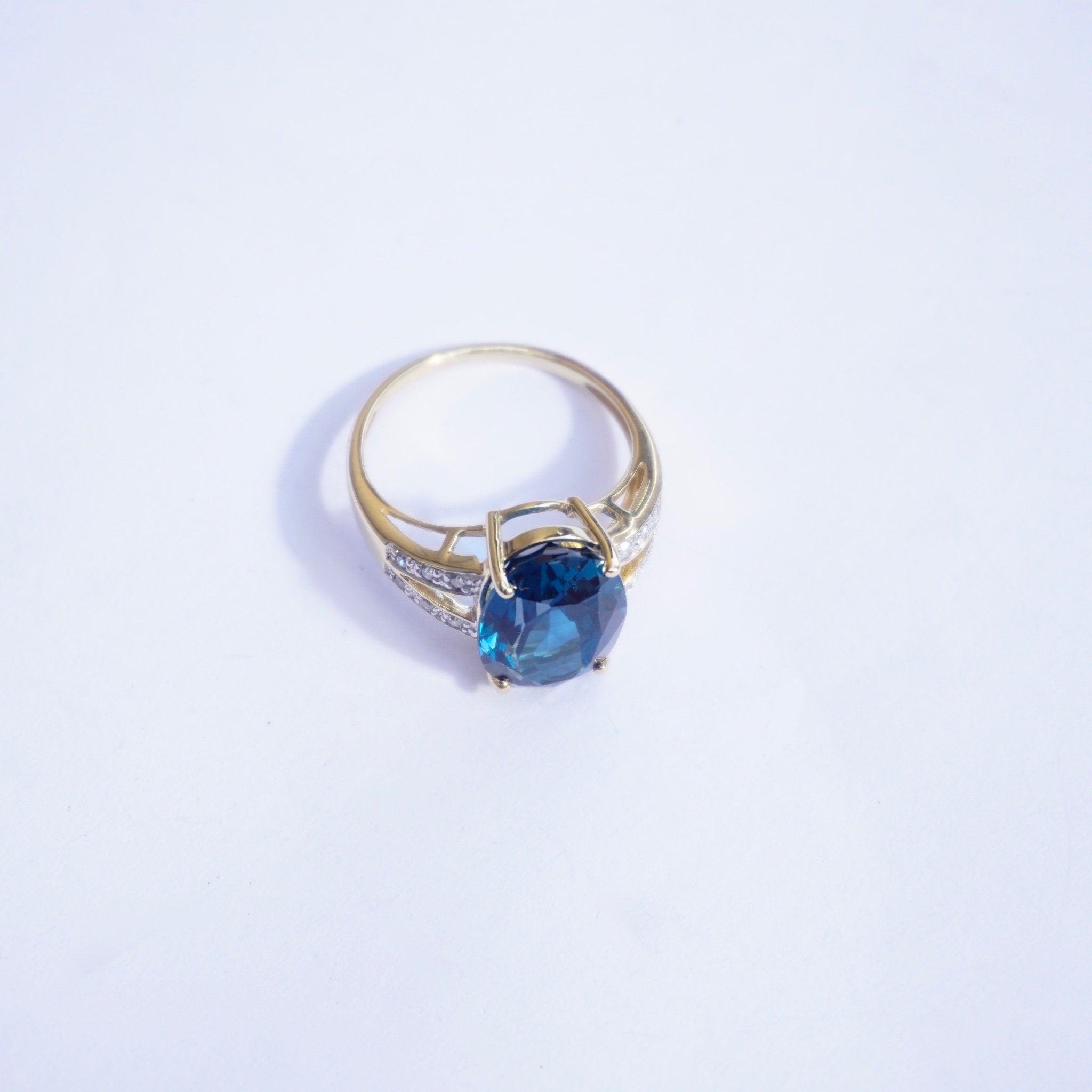 Vintage 14k Gold Aquamarine/Blue Topaz Ring With Accent Diamonds, Gold Cocktail Ring With Raised Stone and Diamonds, 14K Jewelry