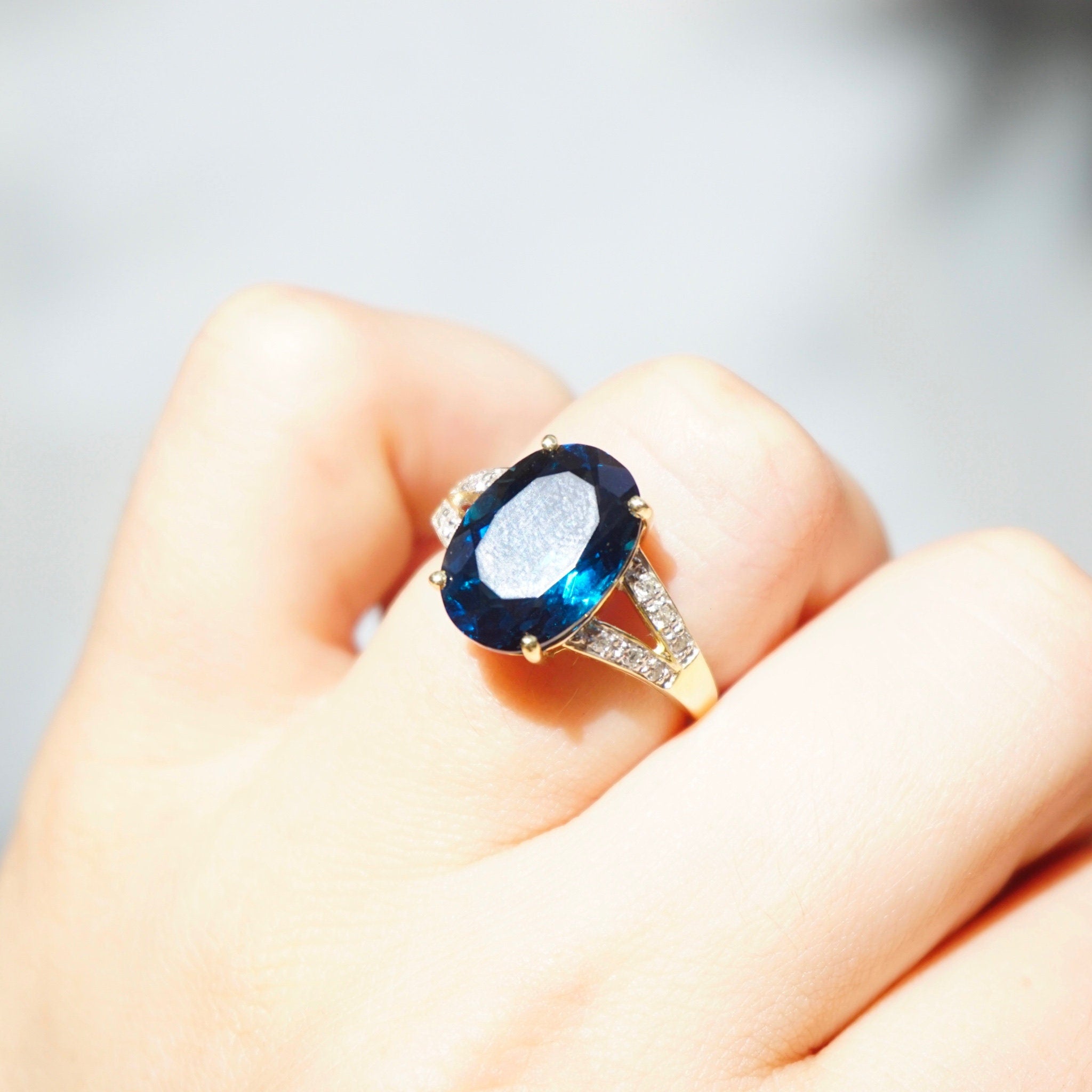 Vintage 14k Gold Aquamarine/Blue Topaz Ring With Accent Diamonds, Gold Cocktail Ring With Raised Stone and Diamonds, 14K Jewelry