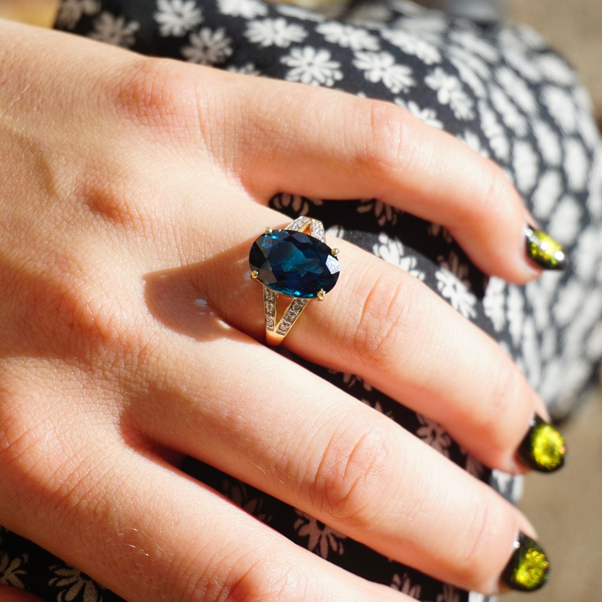 Vintage 14k Gold Aquamarine/Blue Topaz Ring With Accent Diamonds, Gold Cocktail Ring With Raised Stone and Diamonds, 14K Jewelry