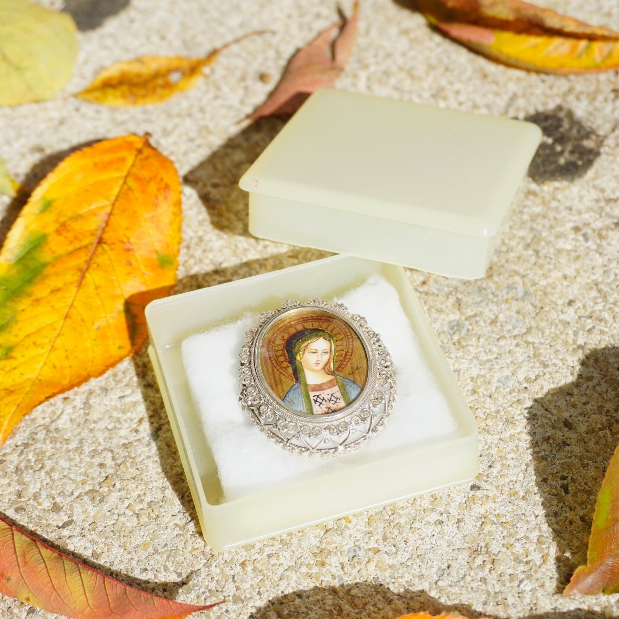 Vintage Hand Painted Russian Mother Of Mary Silver Filagree Pendant/Brooch, Never Worn Silver Pendant With Beautiful Mother of Mary Idol