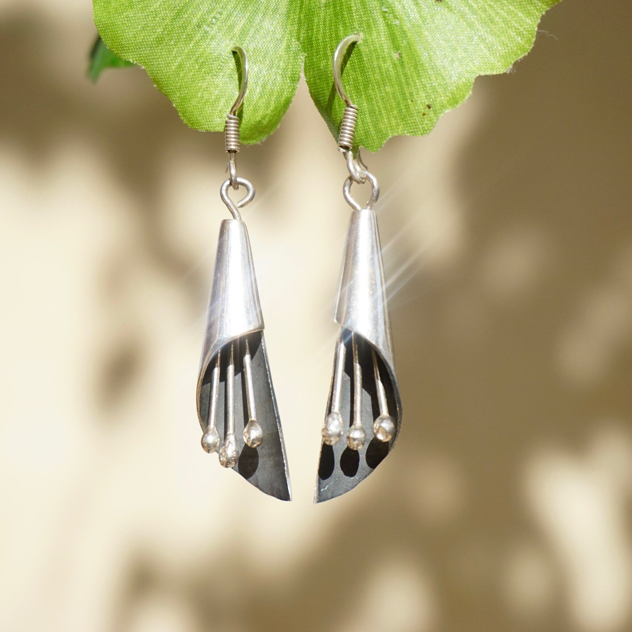 Vintage Sterling Silver Dangle Earrings With Jingle Jangles, Modernist Design Silver Dangle Earrings, Silver Chime Earrings, 925 Jewelry
