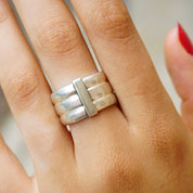 Vintage Sterling Silver Ring With Stripe Accent, Made In Mexico Silver Ring With Tiered Details, Thick Silver Band With Accent Stripe