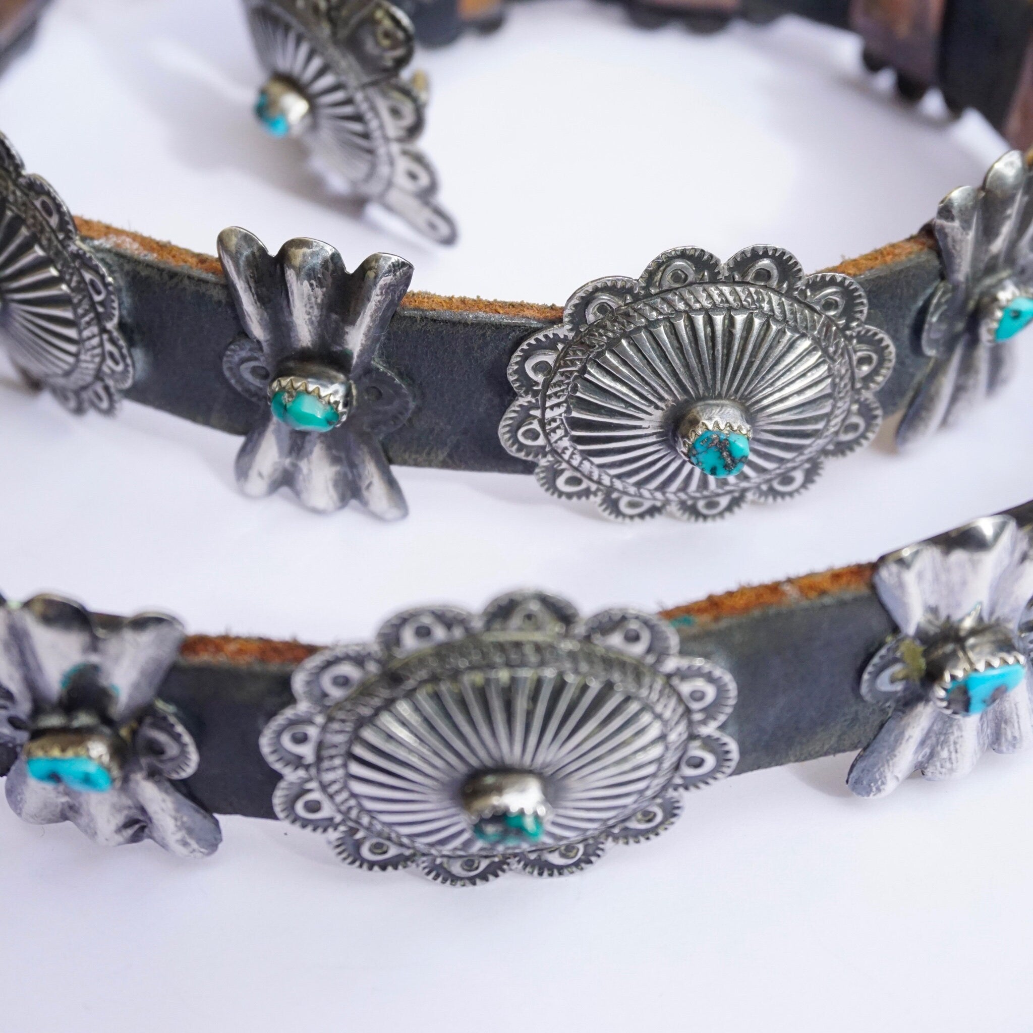 Vintage Native American Leather Concho Belt, Leather Belt With Silver Conchos and Accent Turquoise Stones, Old Pawn Accessories