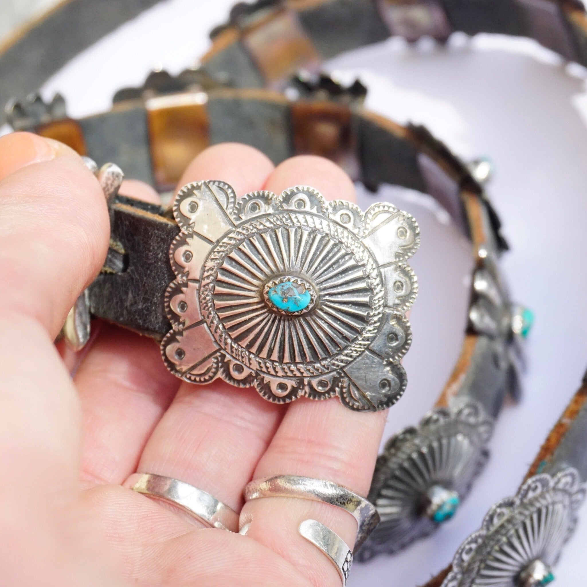 Vintage Native American Leather Concho Belt, Leather Belt With Silver Conchos and Accent Turquoise Stones, Old Pawn Accessories
