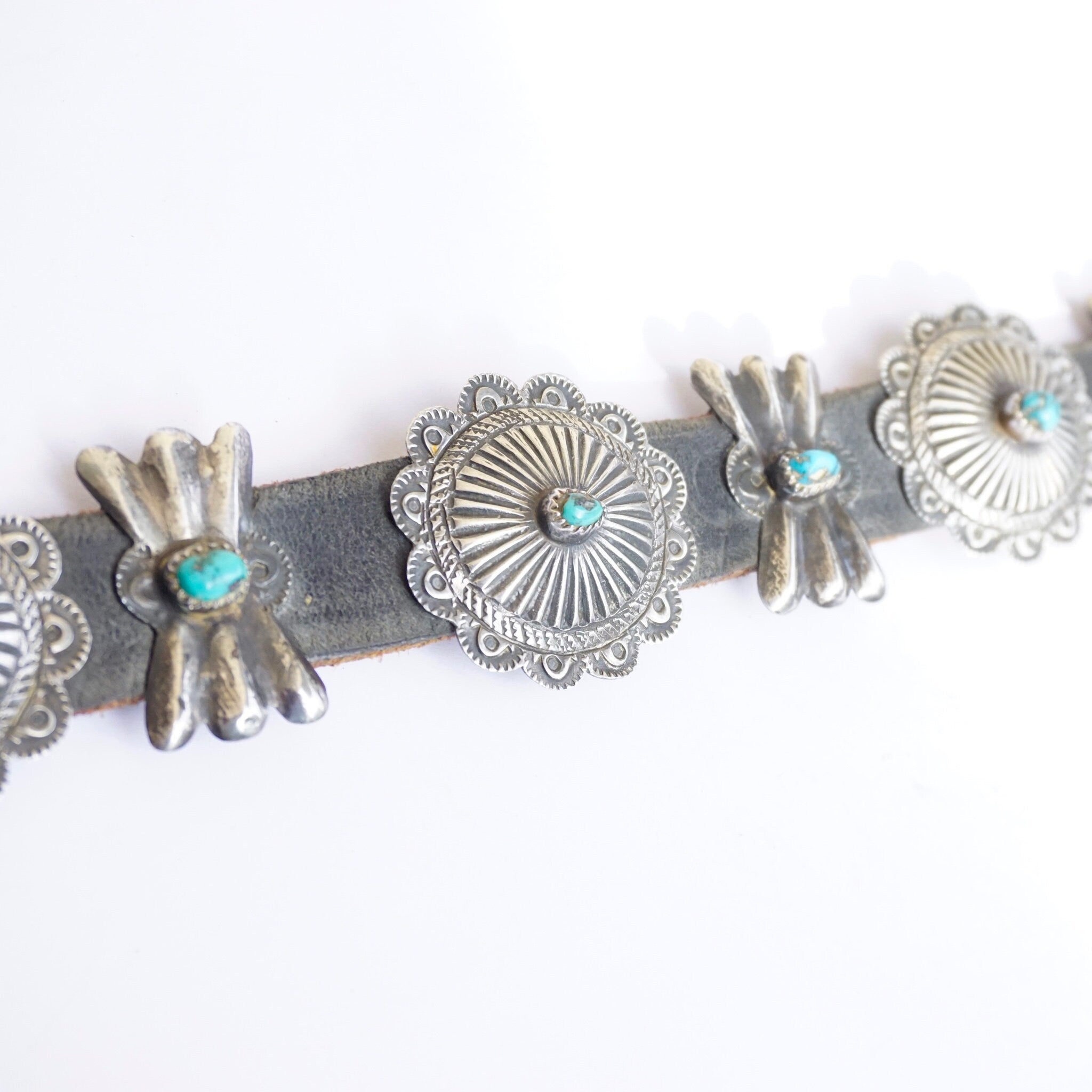 Vintage Native American Leather Concho Belt, Leather Belt With Silver Conchos and Accent Turquoise Stones, Old Pawn Accessories