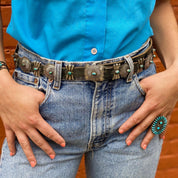 Vintage Native American Leather Concho Belt, Leather Belt With Silver Conchos and Accent Turquoise Stones, Old Pawn Accessories