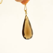 Vintage Smoky Quartz Gold Toned Necklace, Beautiful Tear Drop Smoky Quartz Glass Pendant, Gold Toned Costume Jewelry,