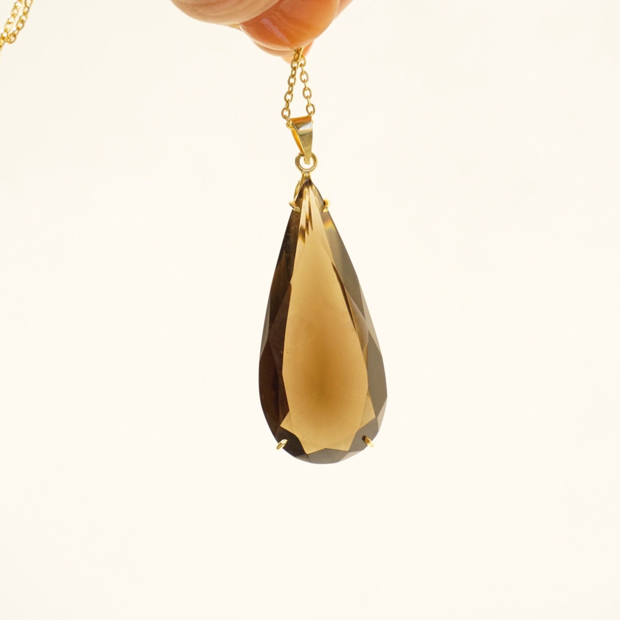 Vintage Smoky Quartz Gold Toned Necklace, Beautiful Tear Drop Smoky Quartz Glass Pendant, Gold Toned Costume Jewelry,