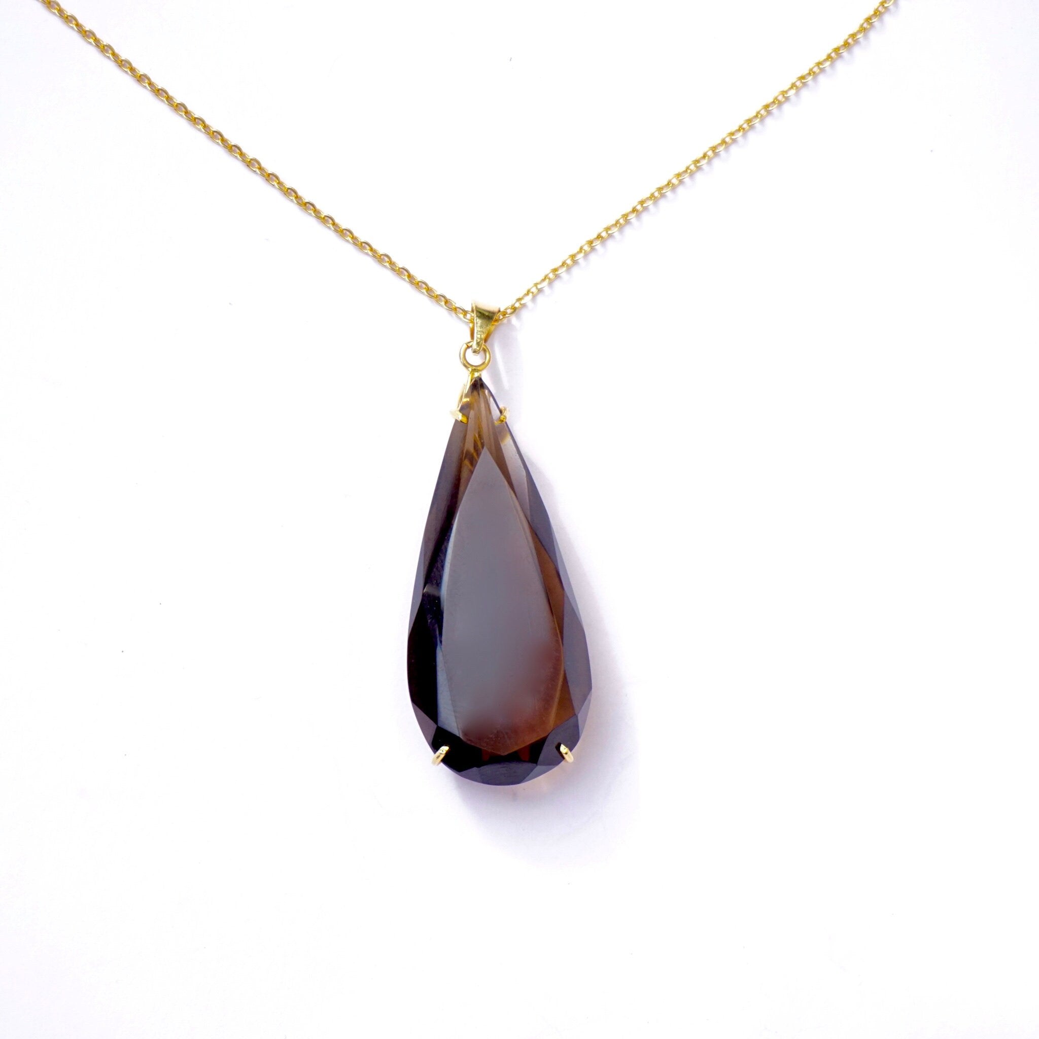 Vintage Smoky Quartz Gold Toned Necklace, Beautiful Tear Drop Smoky Quartz Glass Pendant, Gold Toned Costume Jewelry,