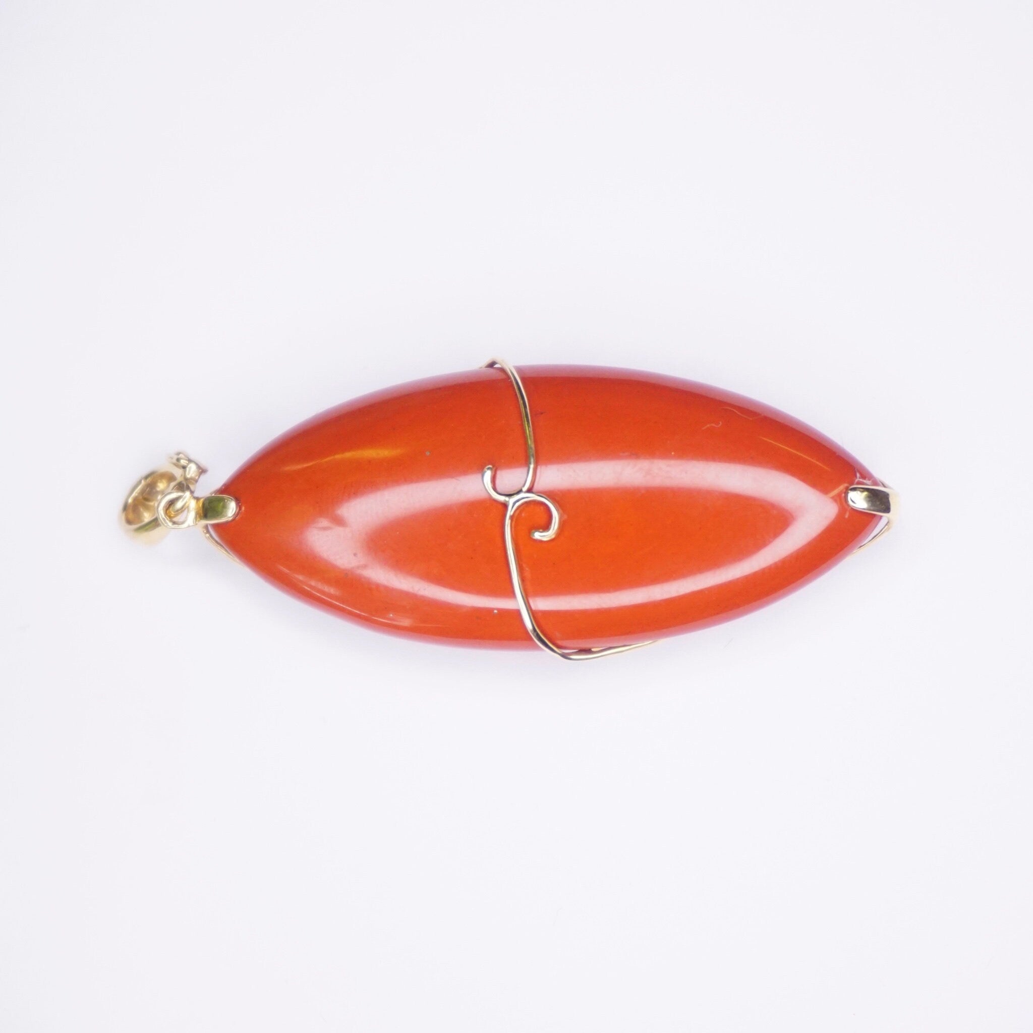 Vintage 14K Gold Orange Coral Pendant, Unique Marquise Cut Orange Coral Pendant With Gold Details, Gold Embellished Pendant, 14K FP