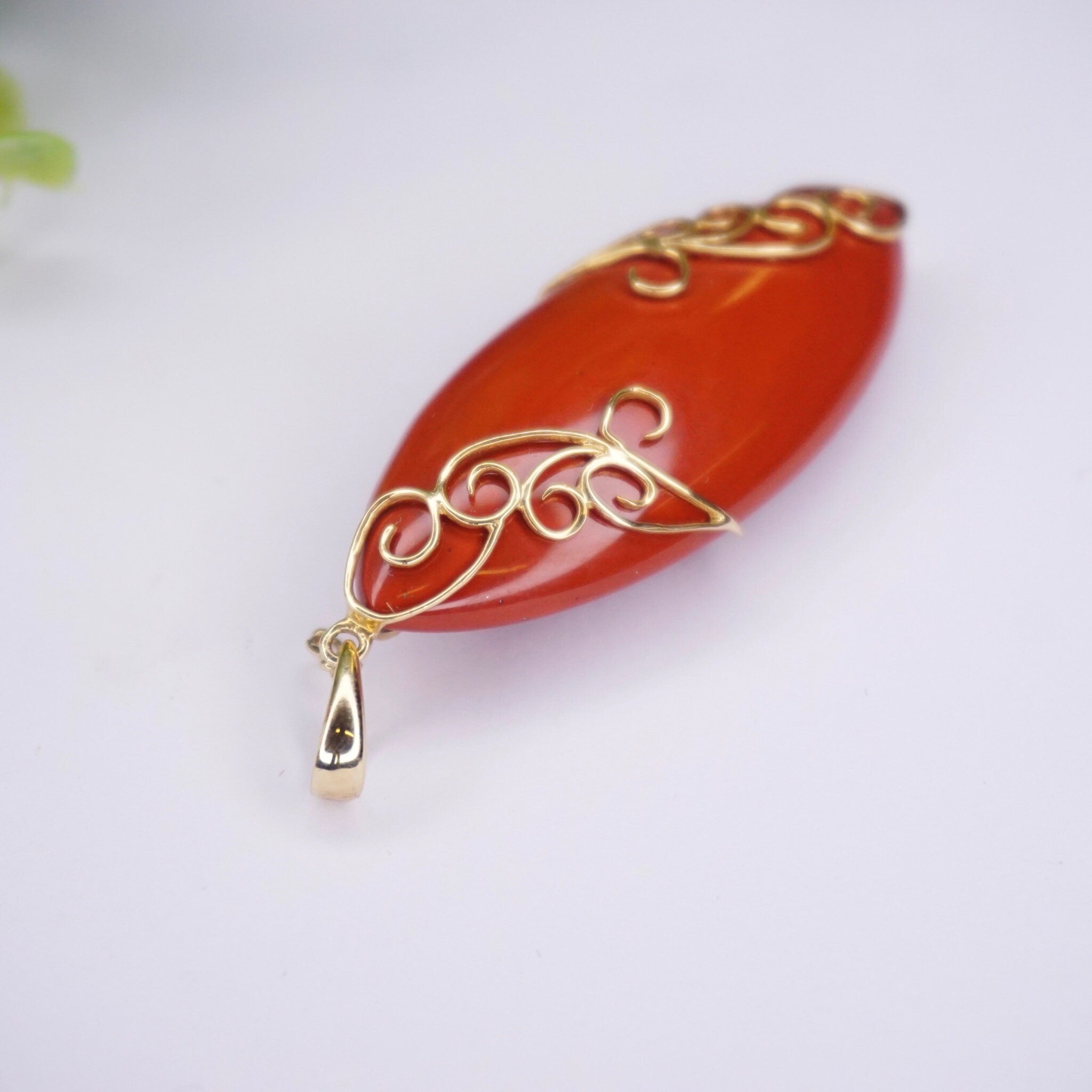 Vintage 14K Gold Orange Coral Pendant, Unique Marquise Cut Orange Coral Pendant With Gold Details, Gold Embellished Pendant, 14K FP