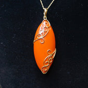 Vintage 14K Gold Orange Coral Pendant, Unique Marquise Cut Orange Coral Pendant With Gold Details, Gold Embellished Pendant, 14K FP