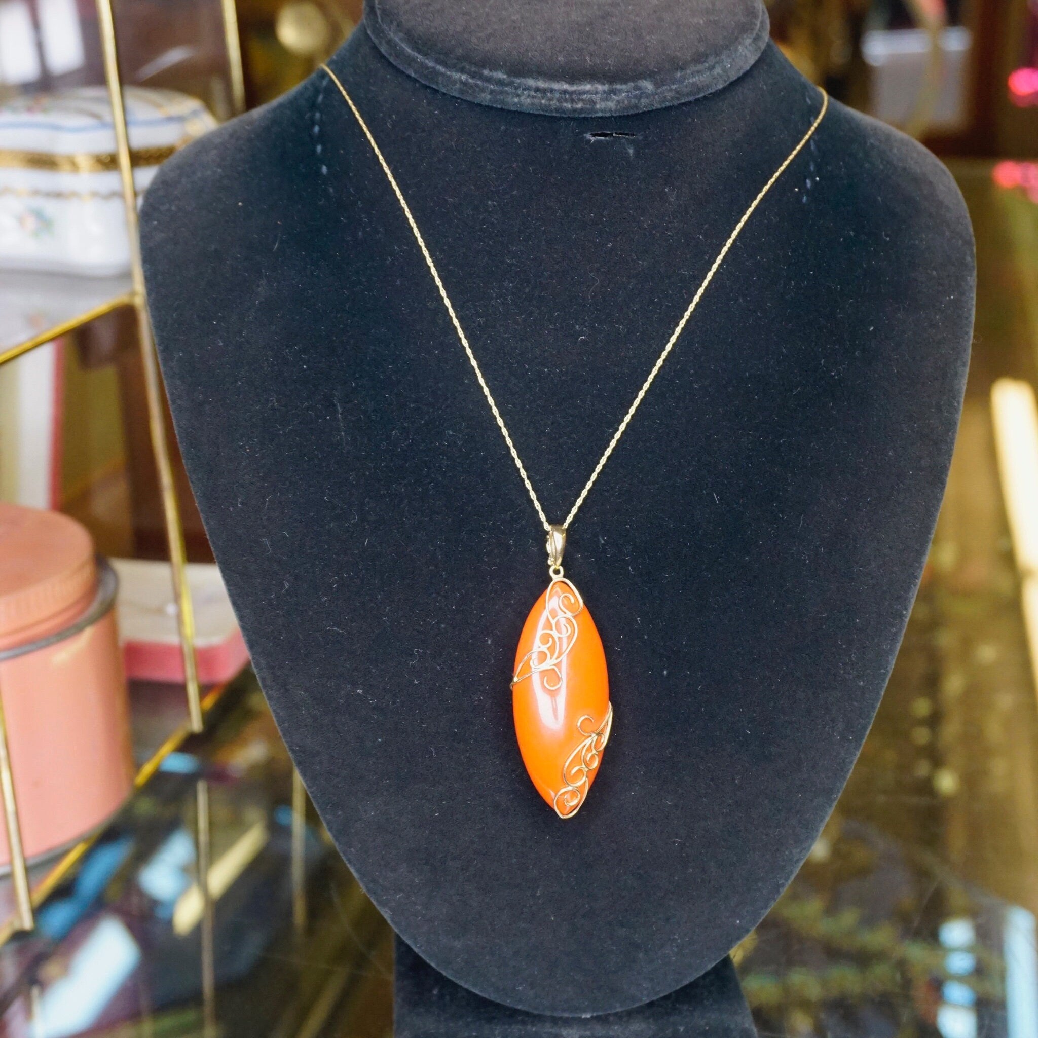 Vintage 14K Gold Orange Coral Pendant, Unique Marquise Cut Orange Coral Pendant With Gold Details, Gold Embellished Pendant, 14K FP