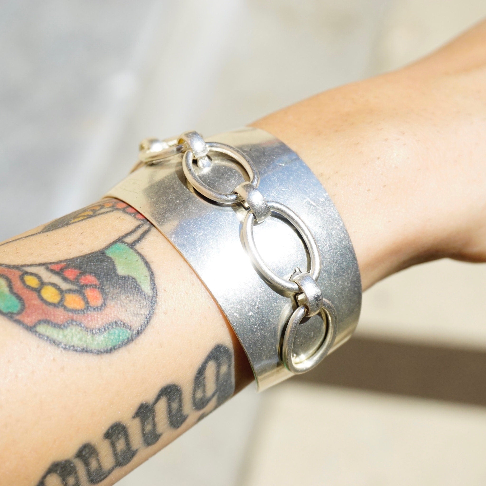 Vintage Silver Cuff With Top Link Chain Design, Solid Sterling Bracelet with Raised Silver Chain, Unique Silver Cuff With Chain, 925 Jewelry