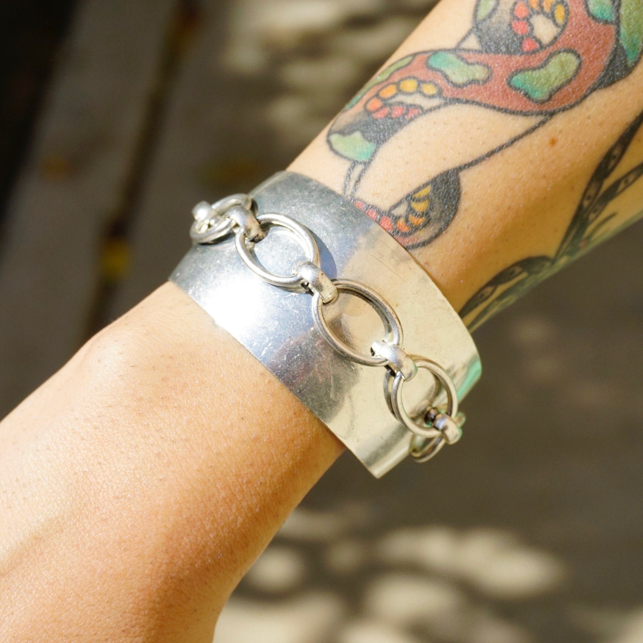 Vintage Silver Cuff With Top Link Chain Design, Solid Sterling Bracelet with Raised Silver Chain, Unique Silver Cuff With Chain, 925 Jewelry