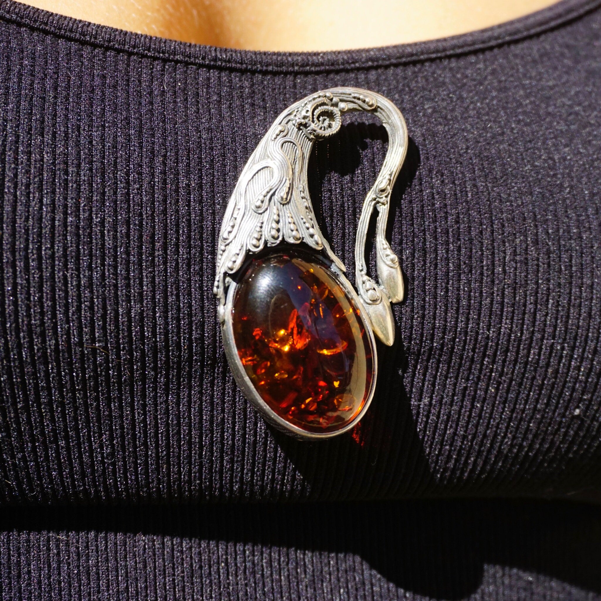 Vintage Sterling Silver Amber Brooch, Amber Brooch With Beautiful Inclusions and A Unique Silver Setting, Art Nouveau Silver Brooch