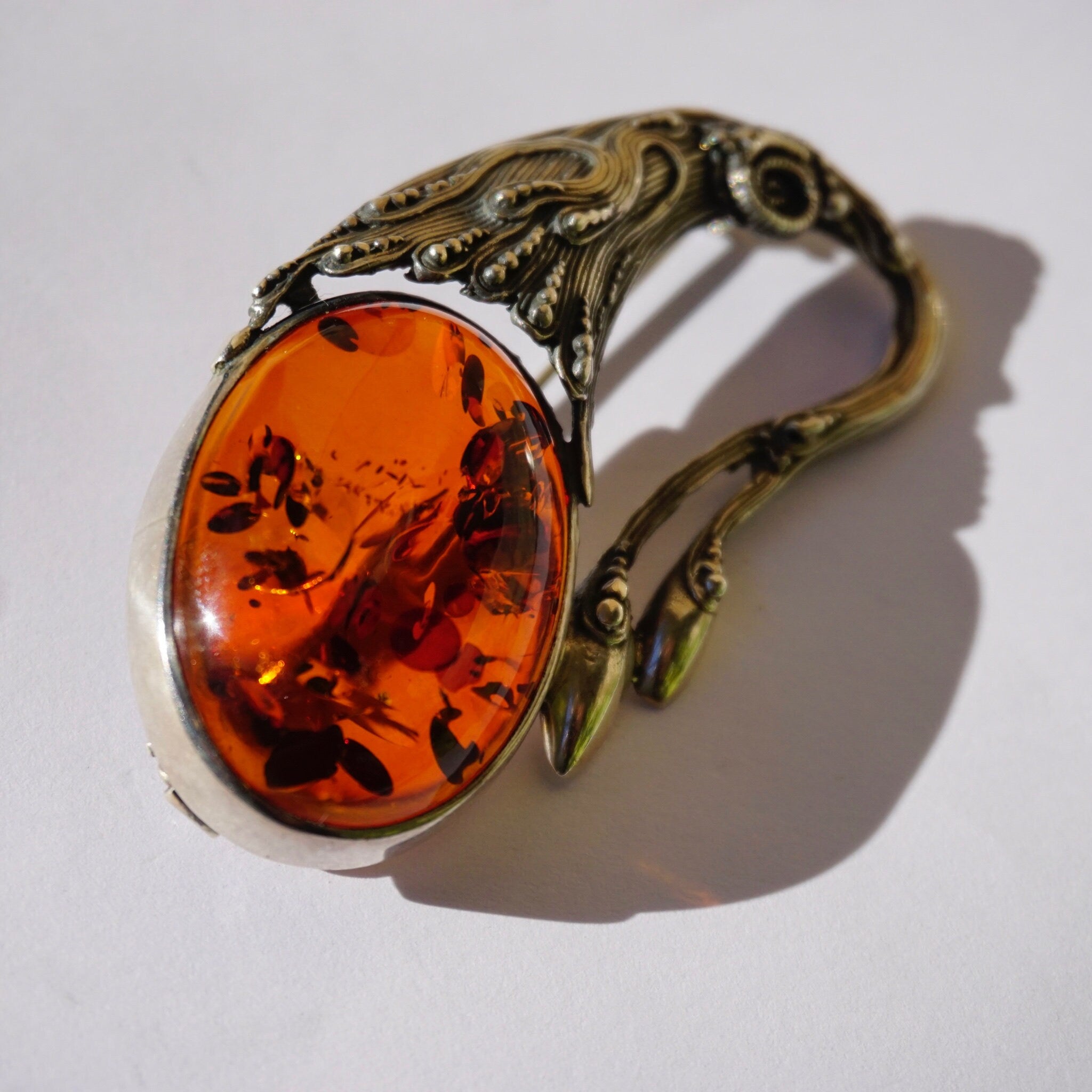 Vintage Sterling Silver Amber Brooch, Amber Brooch With Beautiful Inclusions and A Unique Silver Setting, Art Nouveau Silver Brooch
