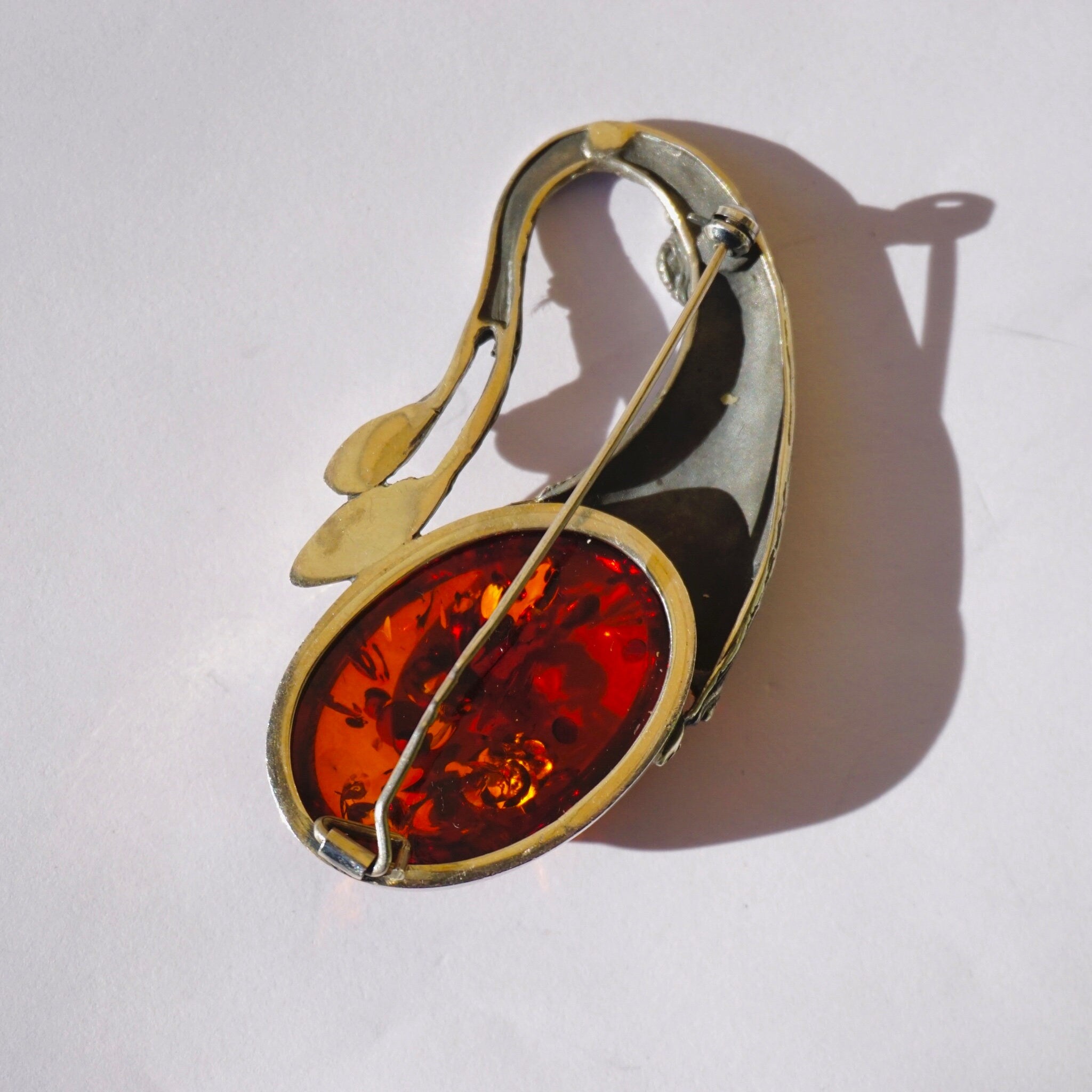Vintage Sterling Silver Amber Brooch, Amber Brooch With Beautiful Inclusions and A Unique Silver Setting, Art Nouveau Silver Brooch