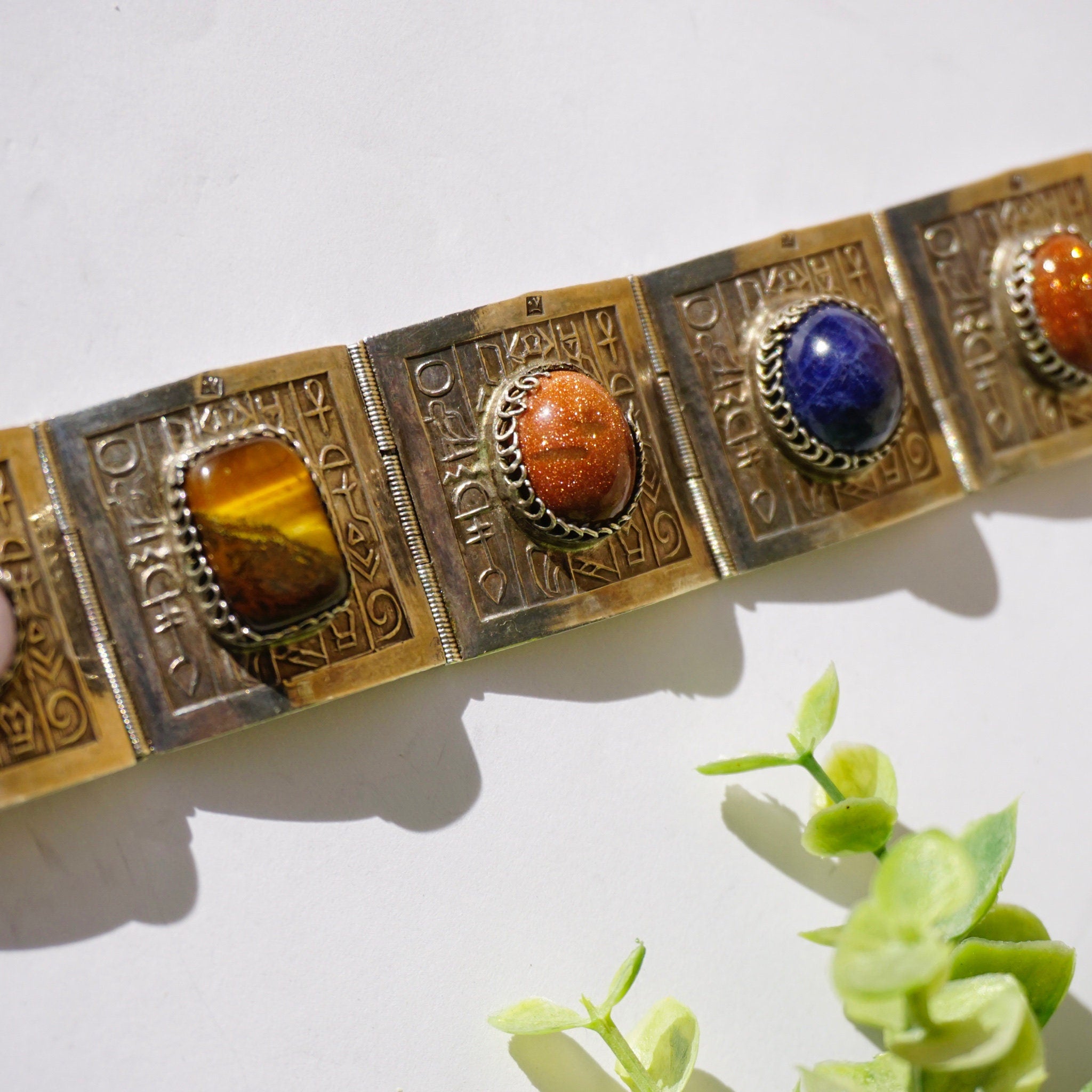 Vintage Silver Panel Hieroglyphic Multi-Stone Bracelet, Unique Silver Bracelet Cuff With Bezeled Stones, Unique Silver Symbol Bracelet, 925