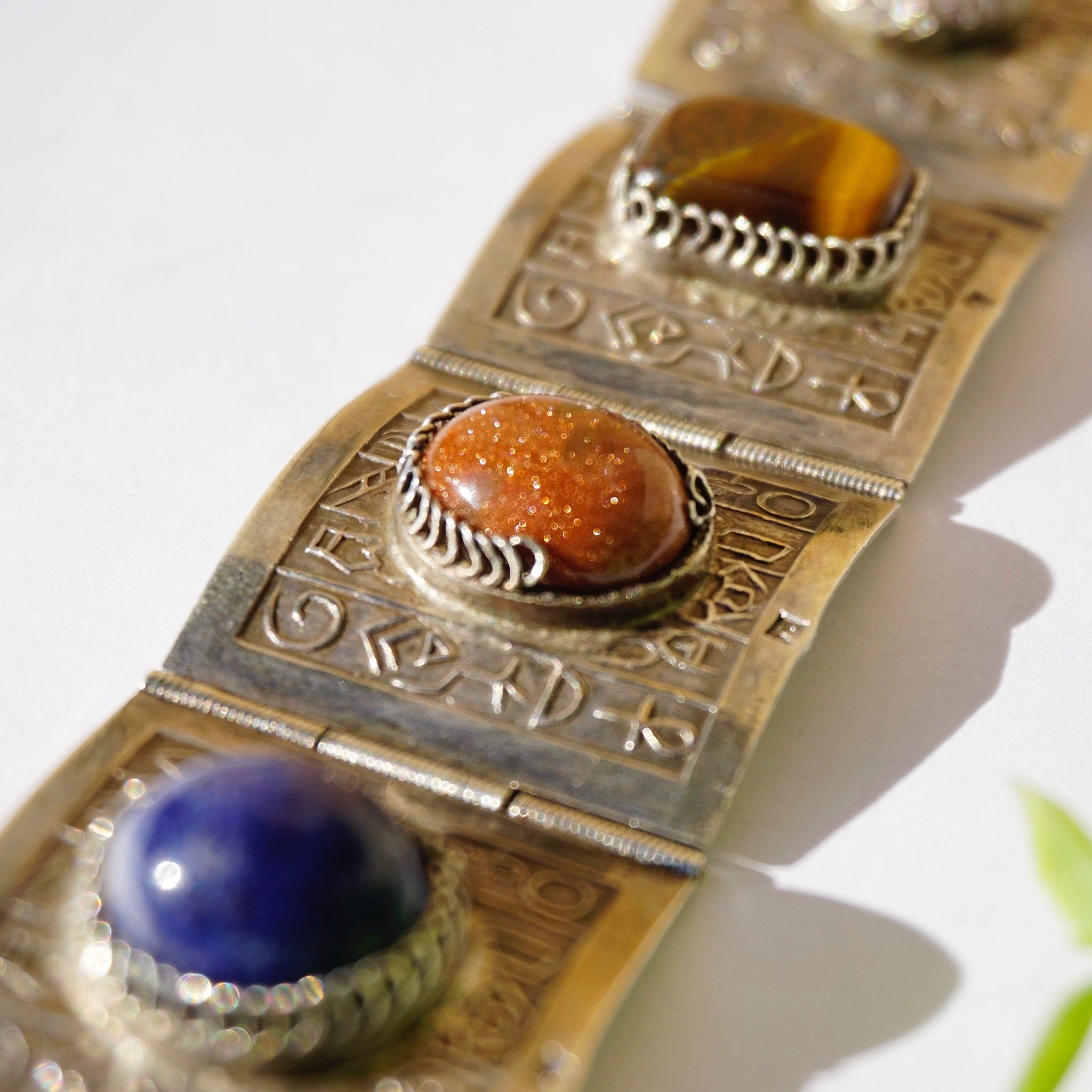Vintage Silver Panel Hieroglyphic Multi-Stone Bracelet, Unique Silver Bracelet Cuff With Bezeled Stones, Unique Silver Symbol Bracelet, 925