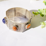 Vintage Silver Panel Hieroglyphic Multi-Stone Bracelet, Unique Silver Bracelet Cuff With Bezeled Stones, Unique Silver Symbol Bracelet, 925