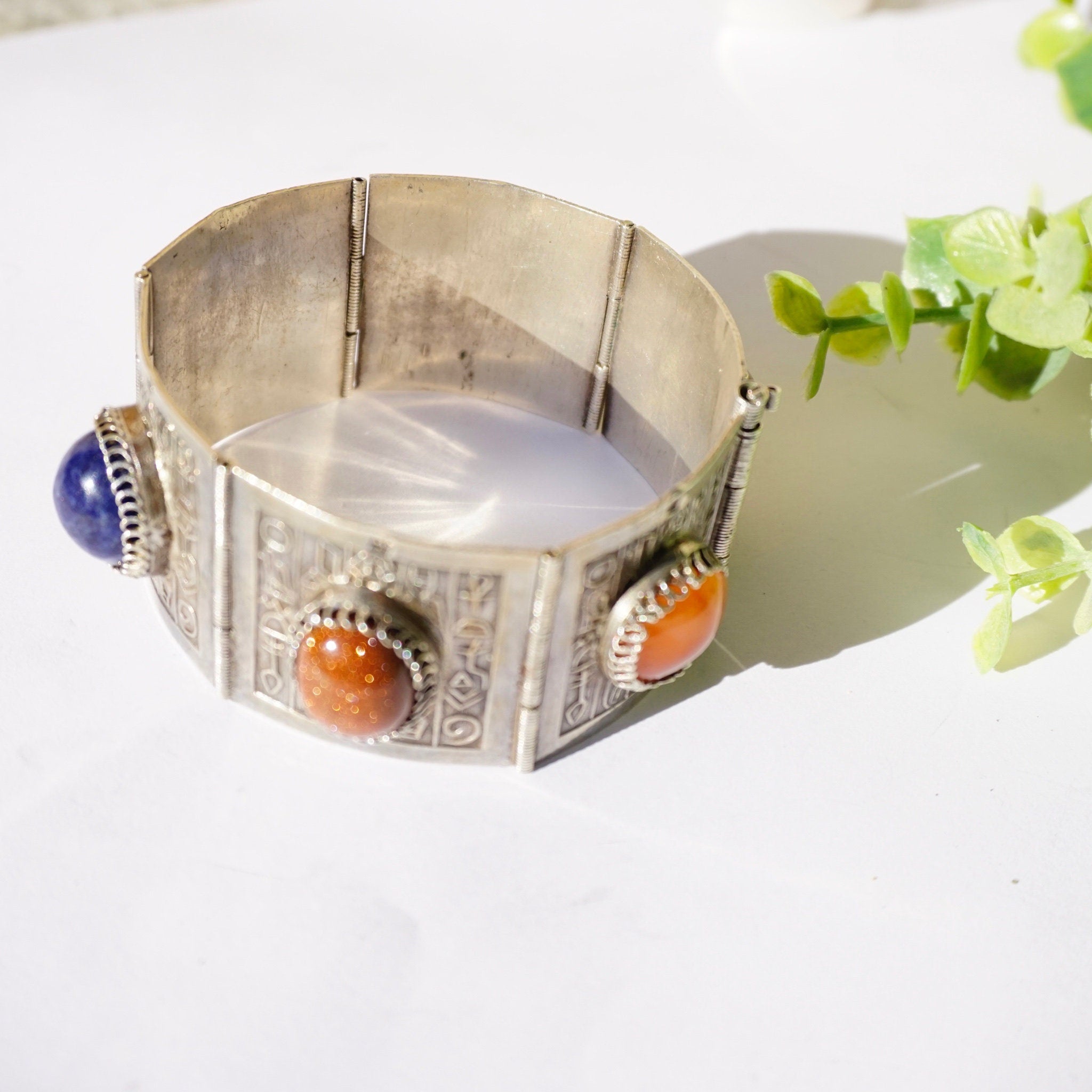 Vintage Silver Panel Hieroglyphic Multi-Stone Bracelet, Unique Silver Bracelet Cuff With Bezeled Stones, Unique Silver Symbol Bracelet, 925