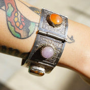 Vintage Silver Panel Hieroglyphic Multi-Stone Bracelet, Unique Silver Bracelet Cuff With Bezeled Stones, Unique Silver Symbol Bracelet, 925