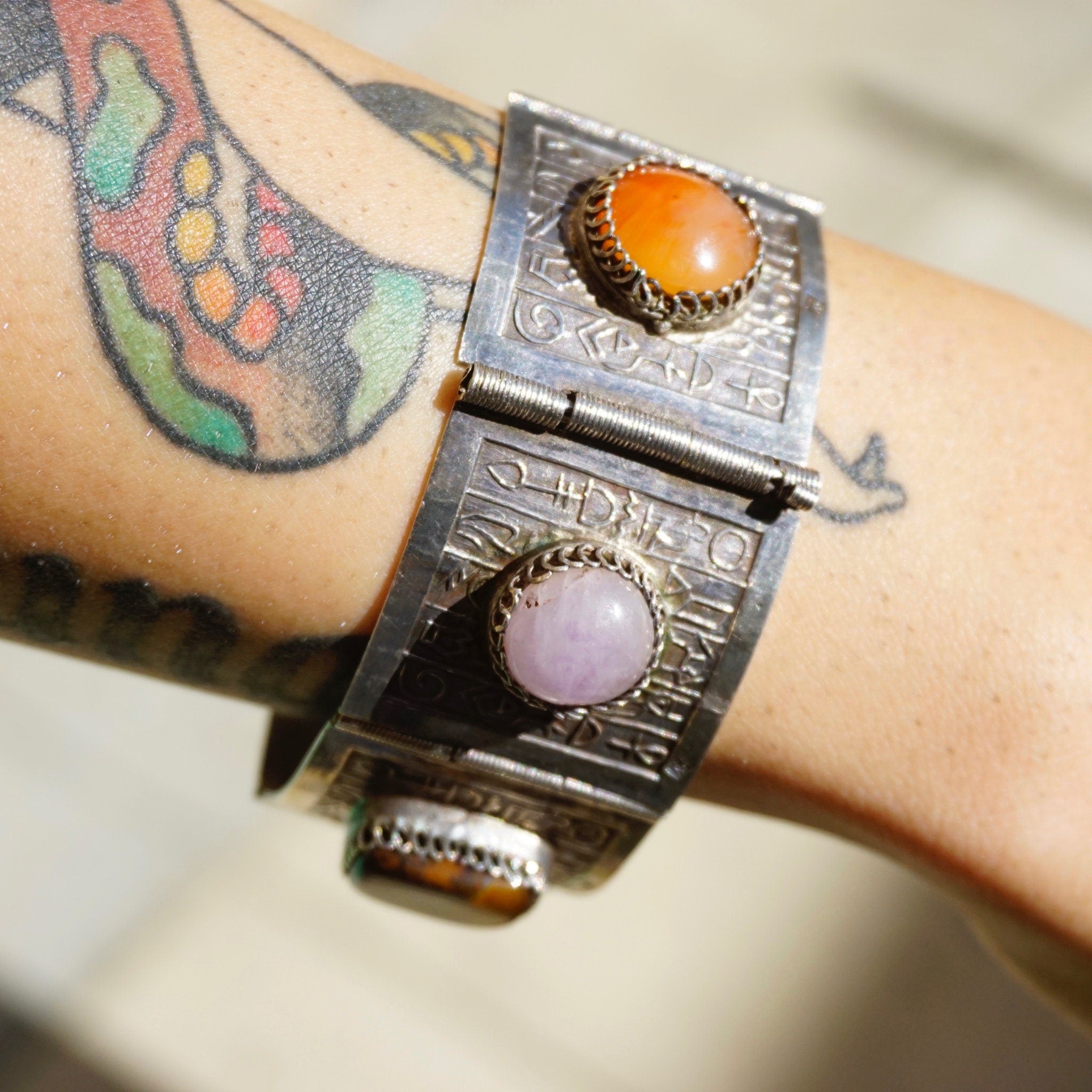 Vintage Silver Panel Hieroglyphic Multi-Stone Bracelet, Unique Silver Bracelet Cuff With Bezeled Stones, Unique Silver Symbol Bracelet, 925