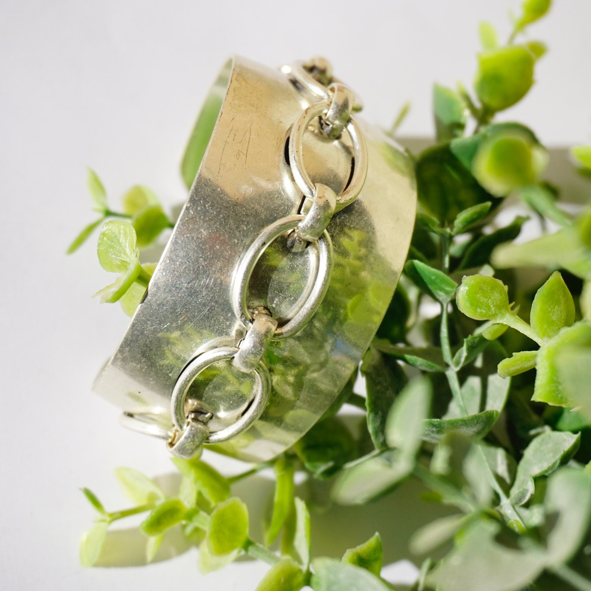 Vintage Silver Cuff With Top Link Chain Design, Solid Sterling Bracelet with Raised Silver Chain, Unique Silver Cuff With Chain, 925 Jewelry
