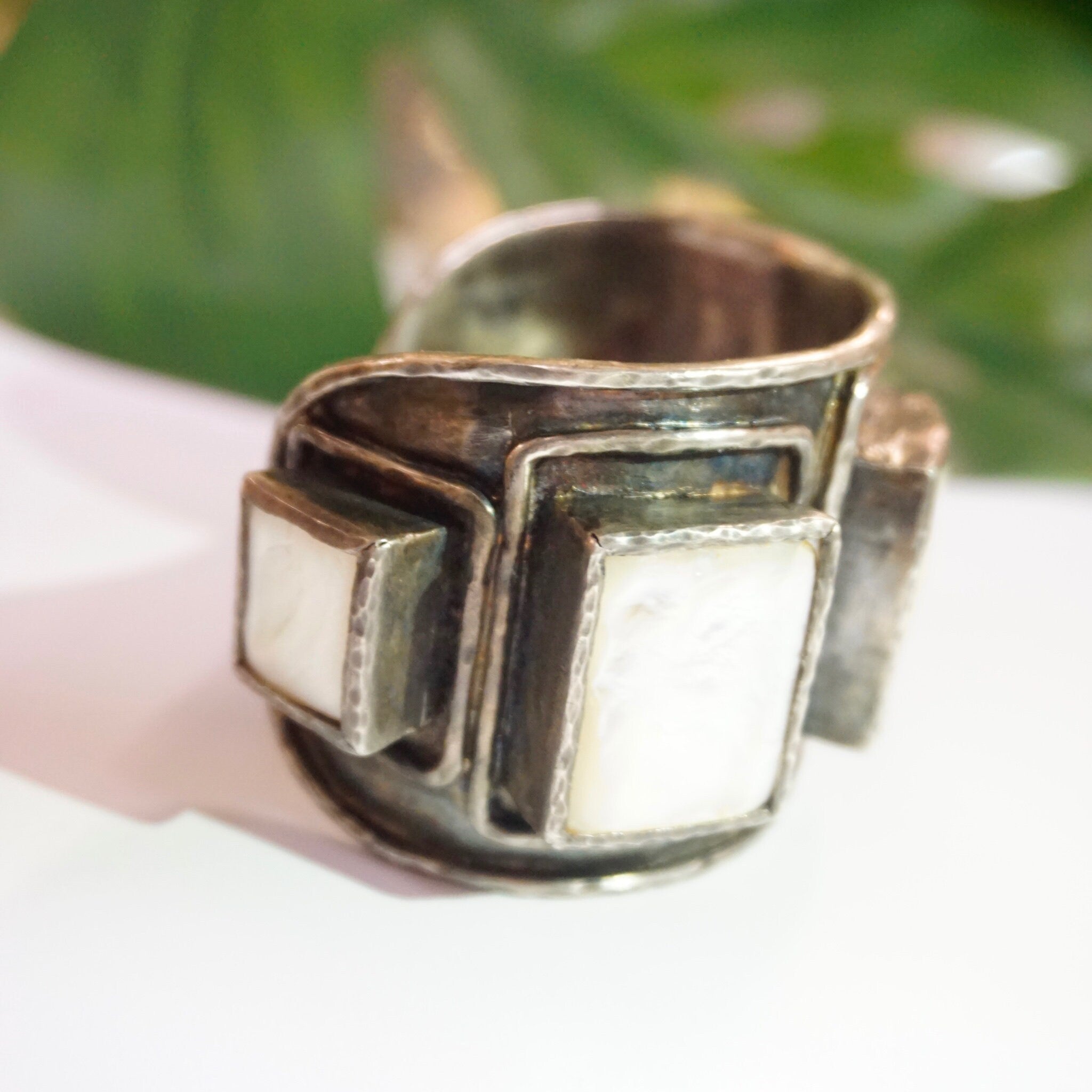 Vintage Mother of Pearl and Silver Bracelet Cuff, Brutalist 3D Cuff With 5 Beveled Cuts of Mother of Pearl, Heavy/Thick Silver Bracelet Cuff