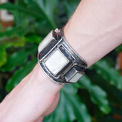 Vintage Mother of Pearl and Silver Bracelet Cuff, Brutalist 3D Cuff With 5 Beveled Cuts of Mother of Pearl, Heavy/Thick Silver Bracelet Cuff