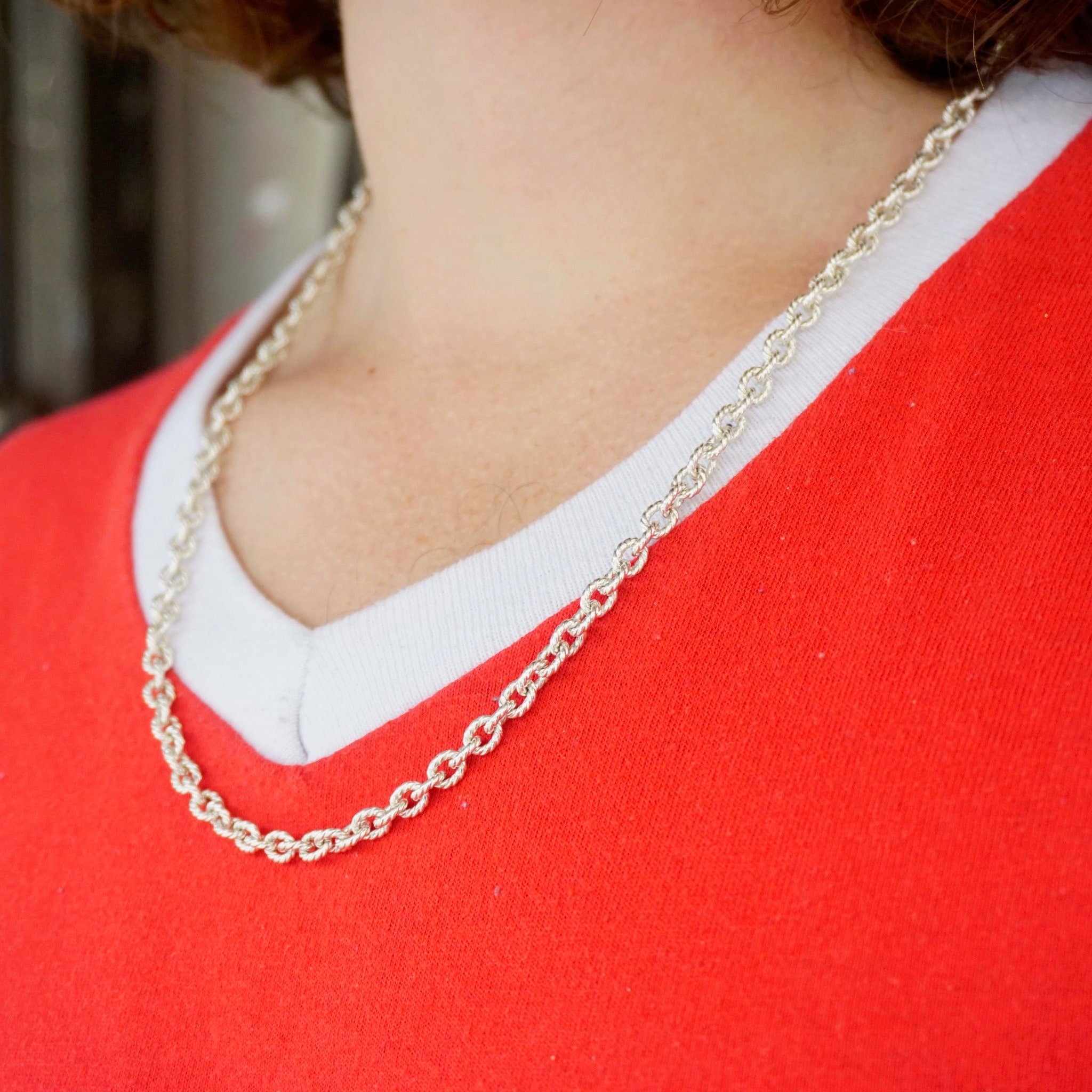 Vintage Sterling Silver Cable Chain, Icy Silver Circle Chain Made In Italy, Silver Weave Detail Cable Chain, Unisex Sterling Silver Chain