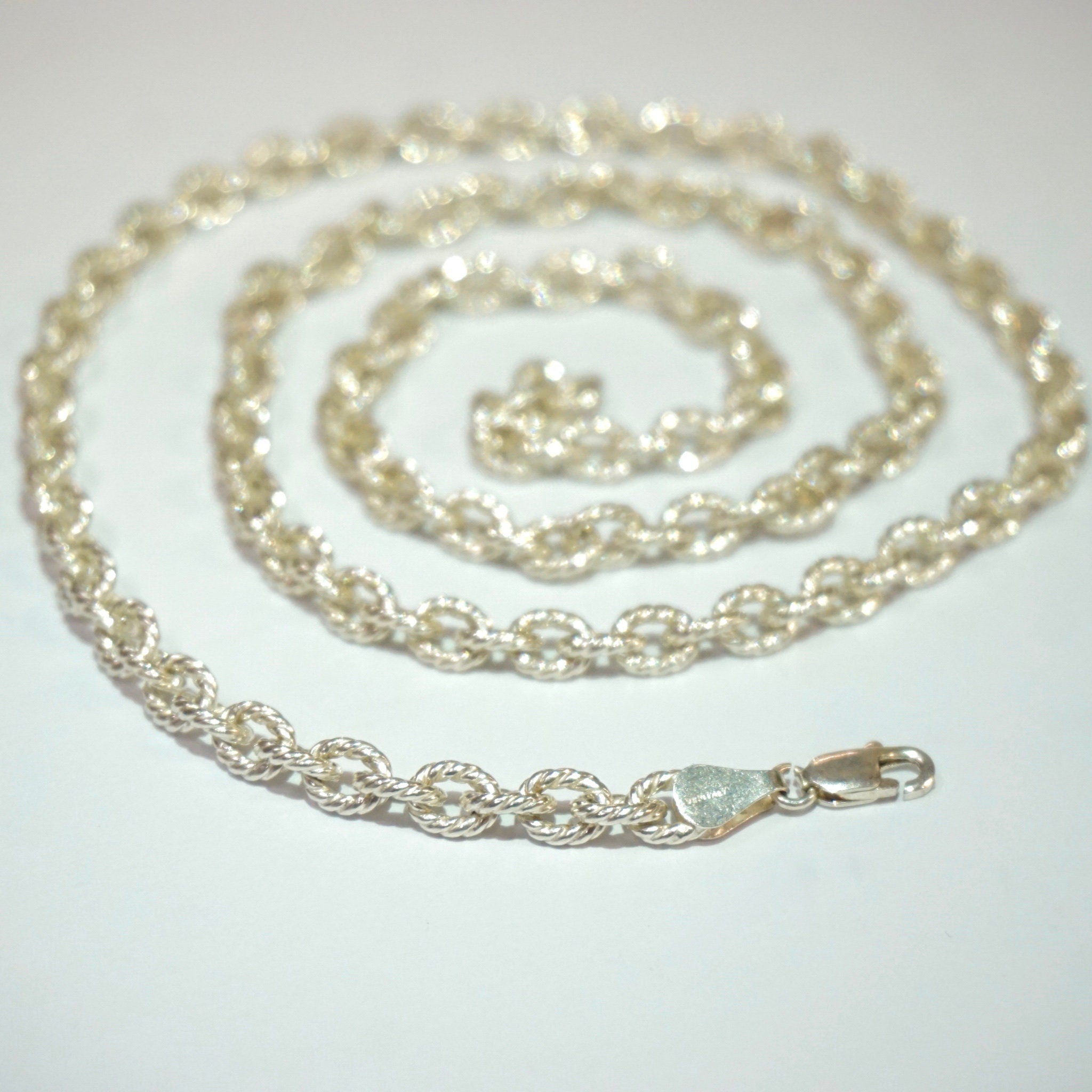 Vintage Sterling Silver Cable Chain, Icy Silver Circle Chain Made In Italy, Silver Weave Detail Cable Chain, Unisex Sterling Silver Chain
