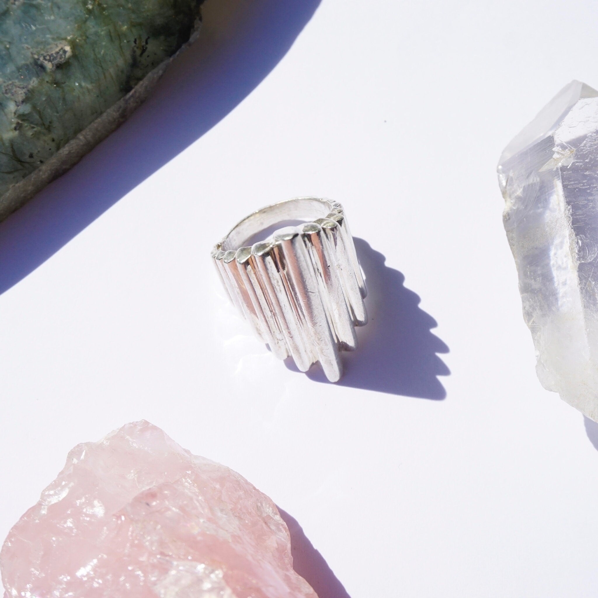 Vintage Sterling Silver Tiered Ring, Hammered Silver Staircase Ring, Long Finger Silver Ring With Step Design, Silver Statement Ring