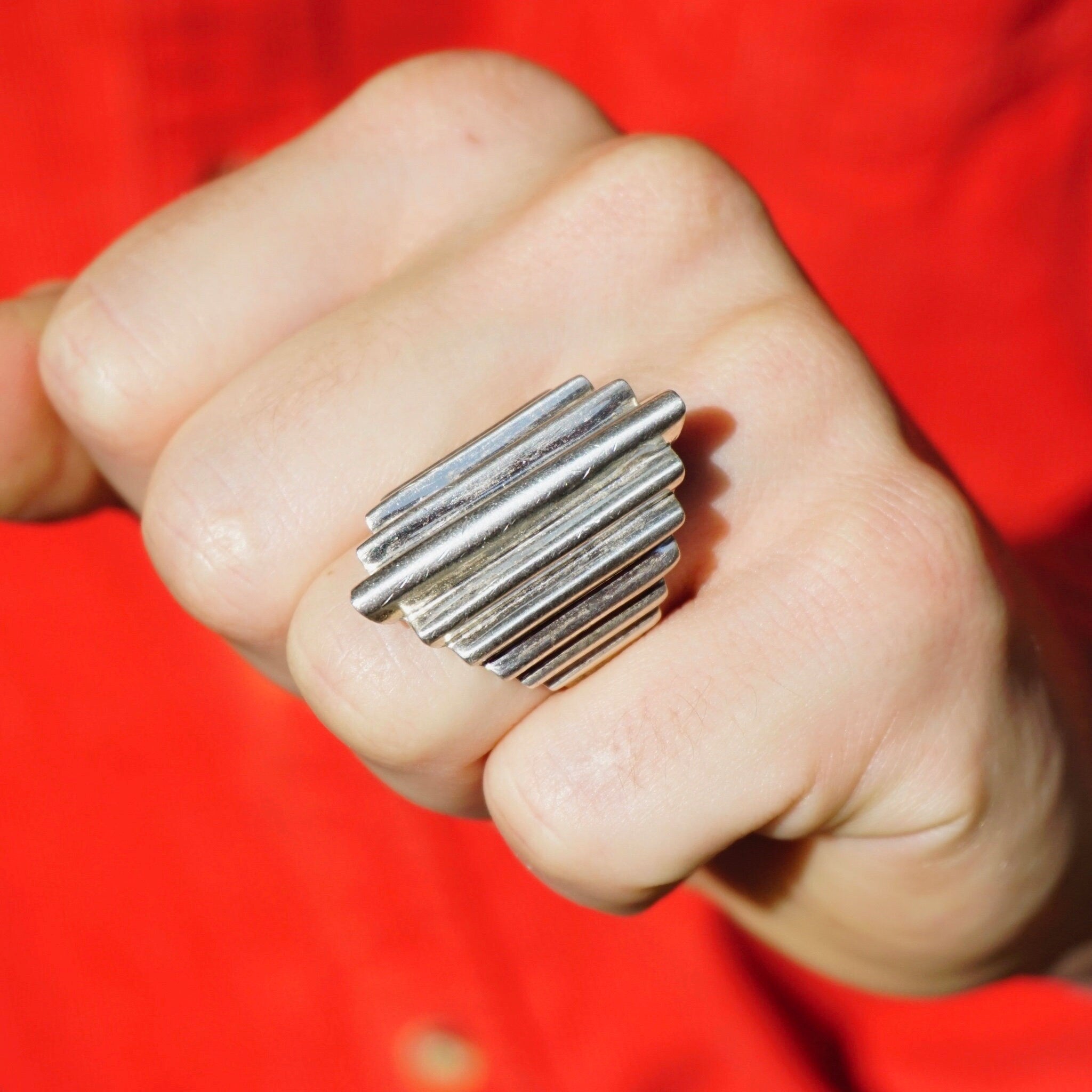 Vintage Sterling Silver Tiered Ring, Hammered Silver Staircase Ring, Long Finger Silver Ring With Step Design, Silver Statement Ring