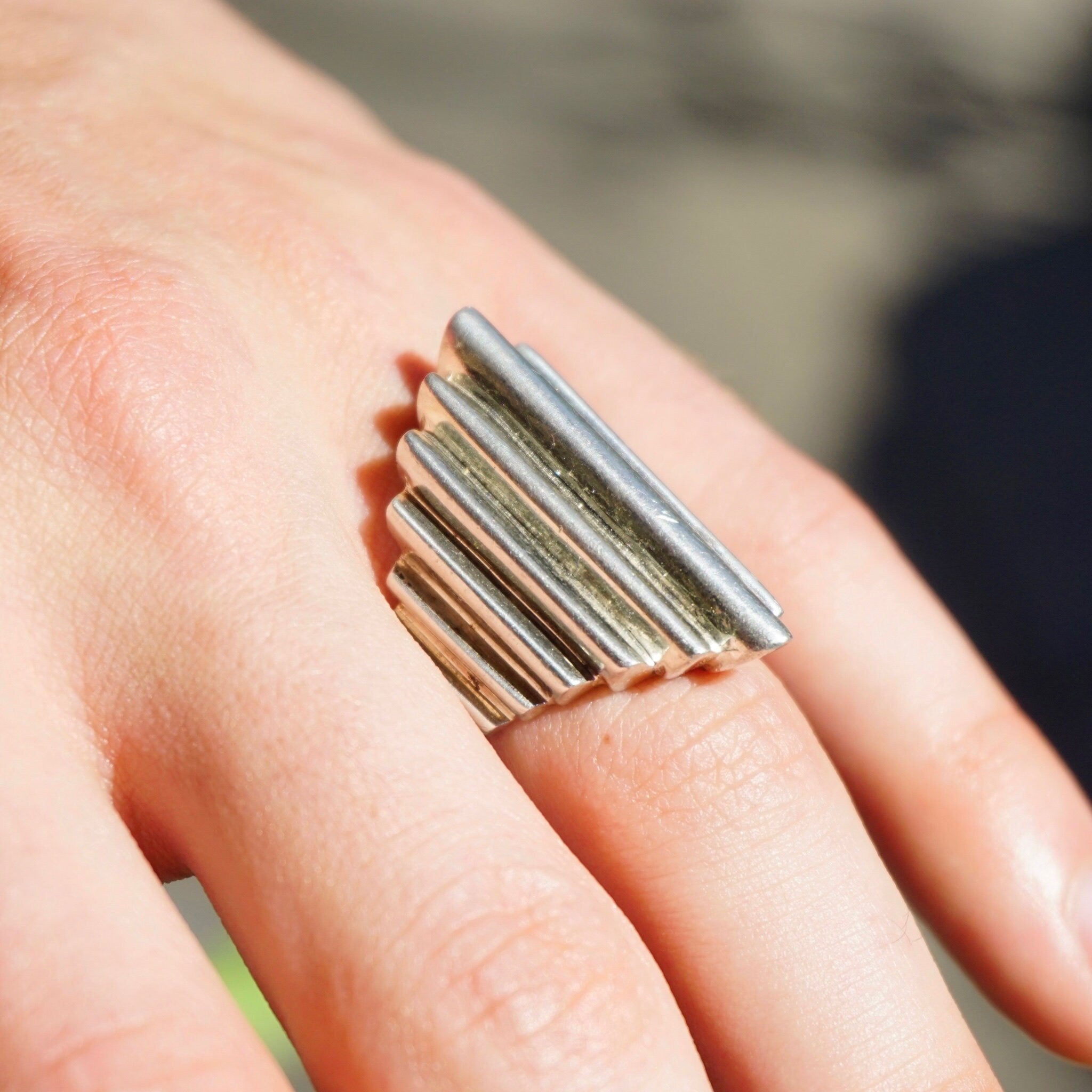 Vintage Sterling Silver Tiered Ring, Hammered Silver Staircase Ring, Long Finger Silver Ring With Step Design, Silver Statement Ring