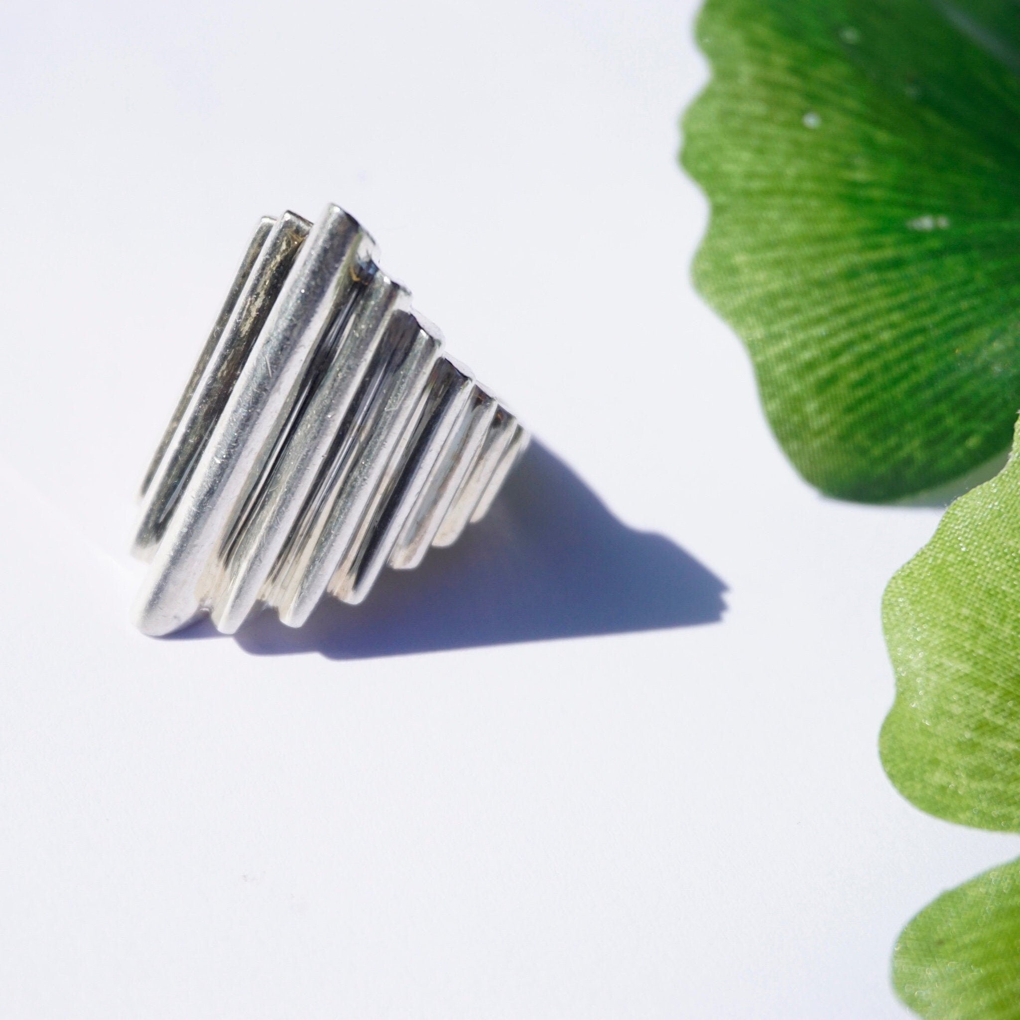 Vintage Sterling Silver Tiered Ring, Hammered Silver Staircase Ring, Long Finger Silver Ring With Step Design, Silver Statement Ring