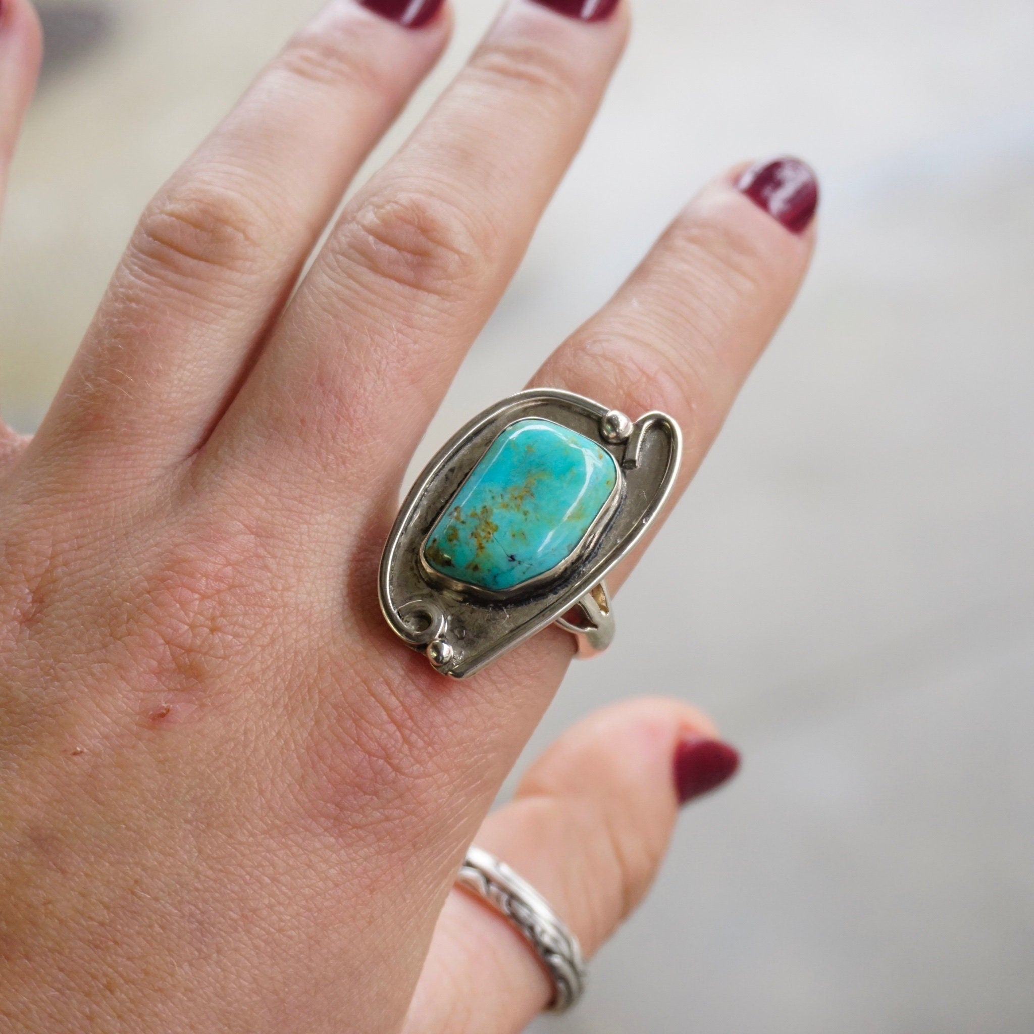 Vintage Turquoise Sterling Silver Ring, Natural Turquoise Ring In Silver Setting, Large Silver Ring With Turquoise, Native American Jewelry