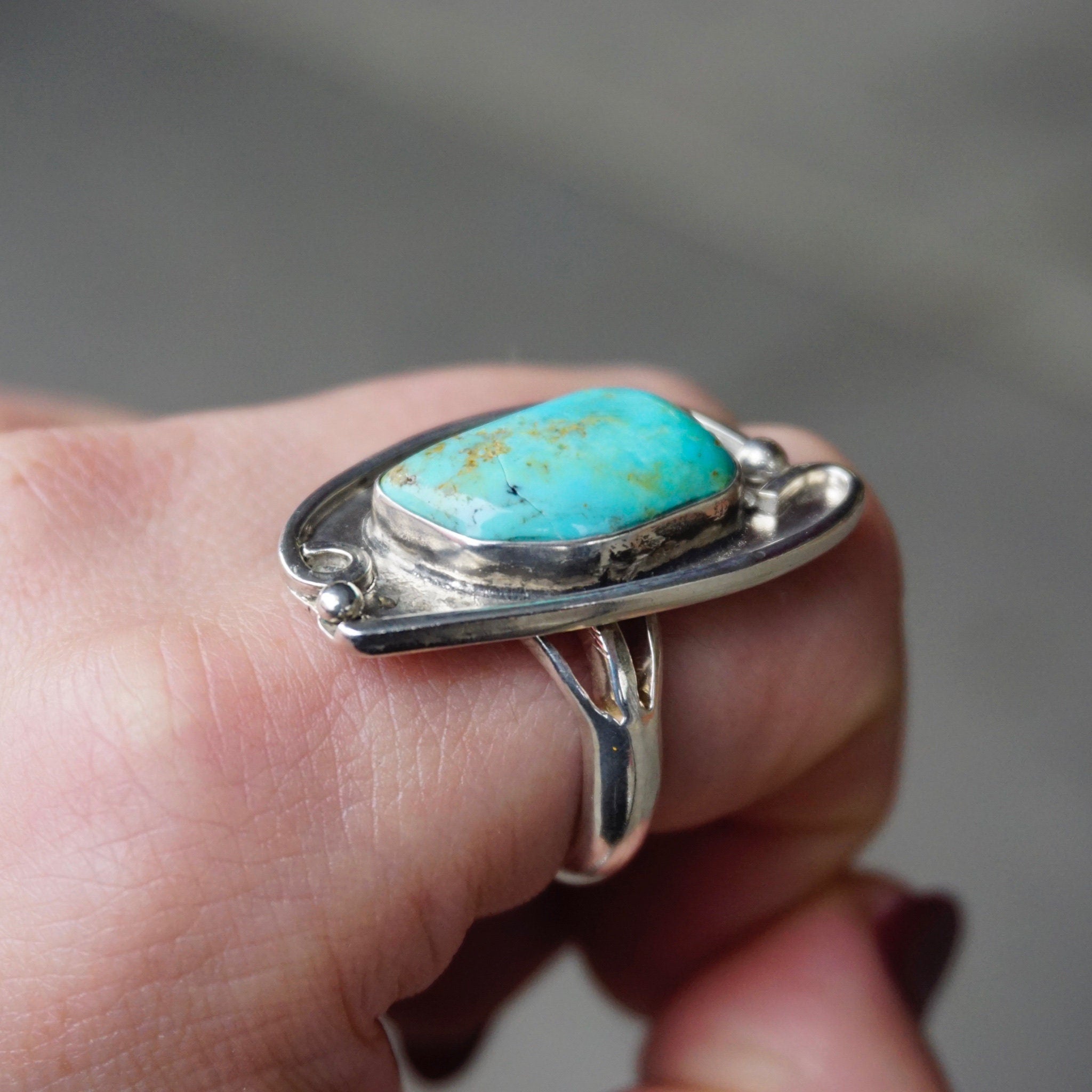 Vintage Turquoise Sterling Silver Ring, Natural Turquoise Ring In Silver Setting, Large Silver Ring With Turquoise, Native American Jewelry