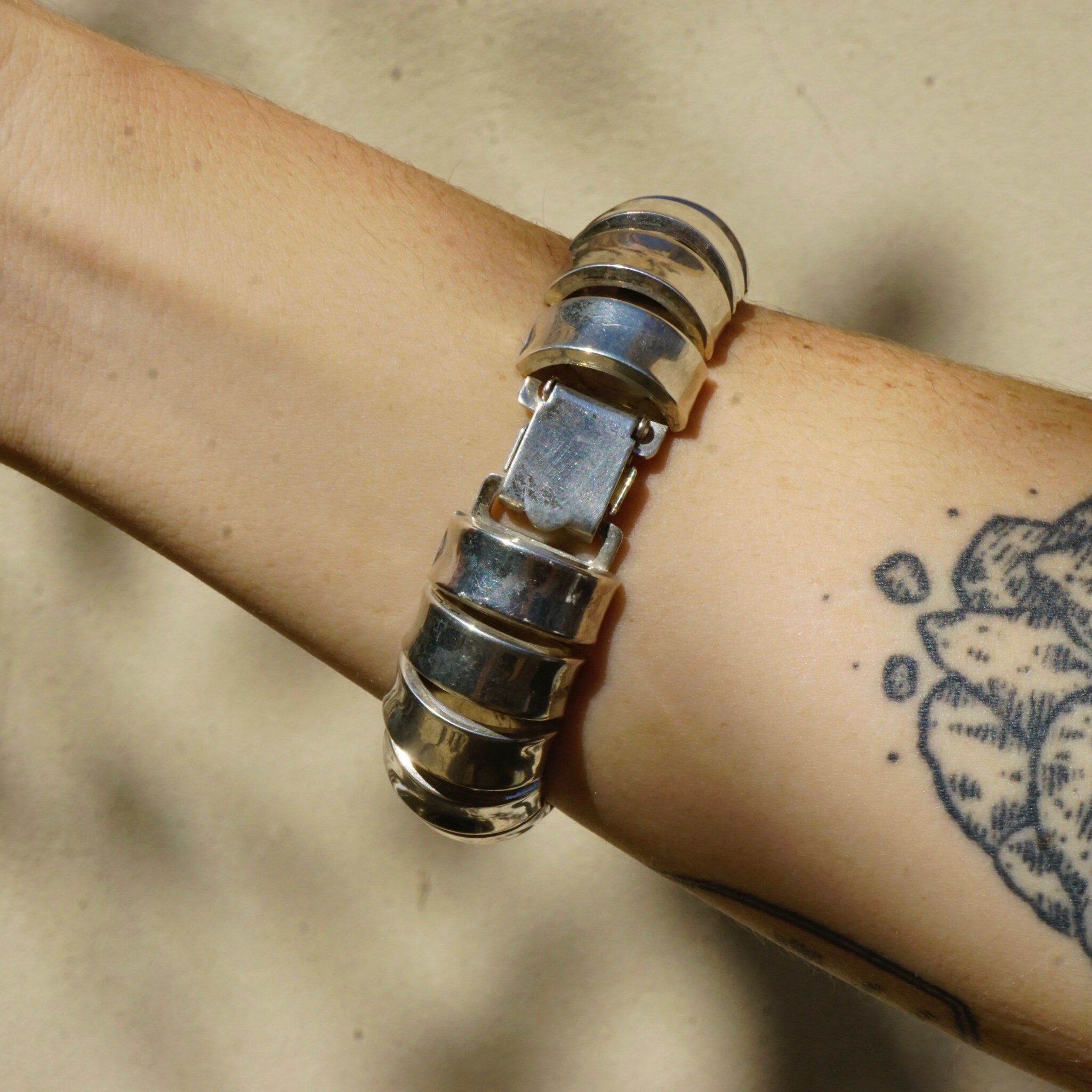Vintage Sterling Silver Rounded Link Bracelet, Unique Half-Circle Silver Link Bracelet, Modernist Silver Bracelet Cuff, 925 Jewelry
