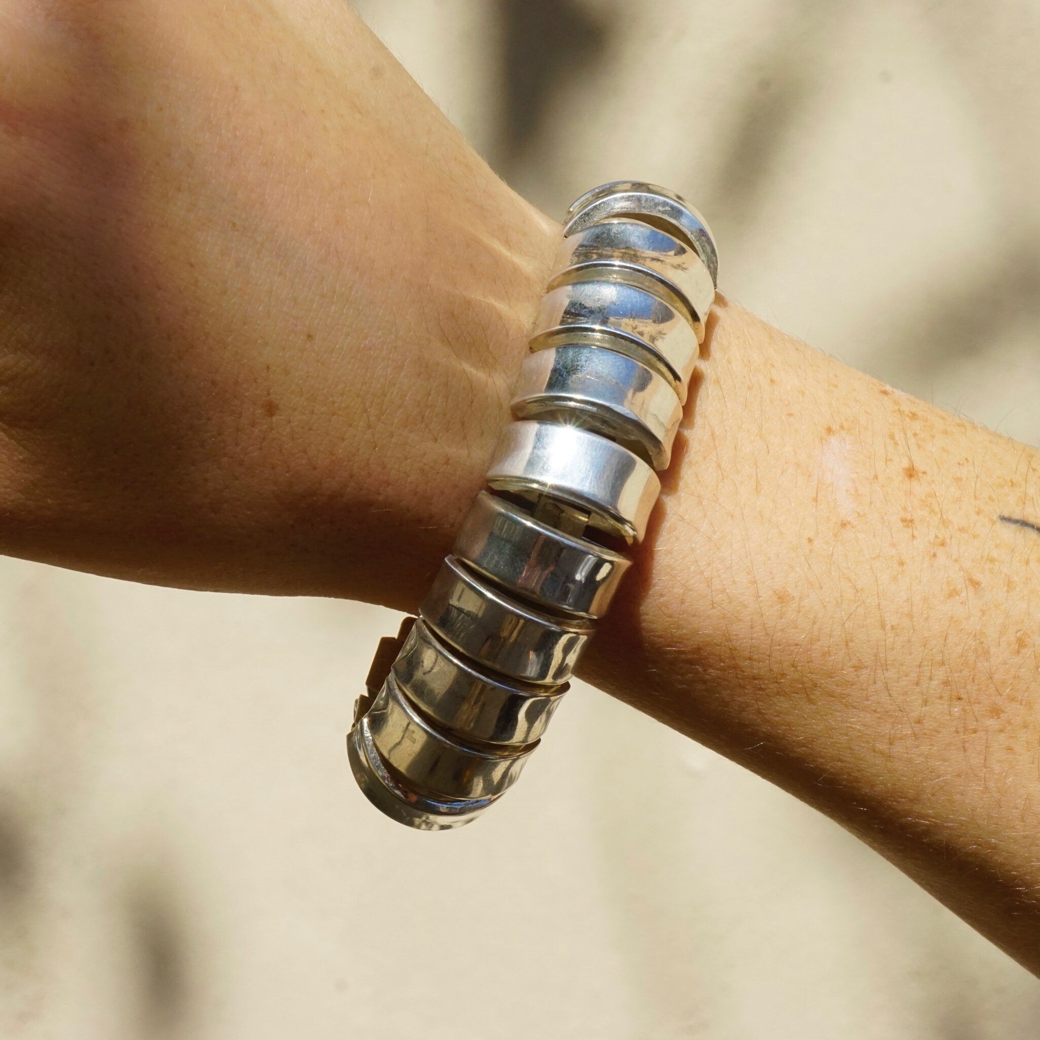 Vintage Sterling Silver Rounded Link Bracelet, Unique Half-Circle Silver Link Bracelet, Modernist Silver Bracelet Cuff, 925 Jewelry