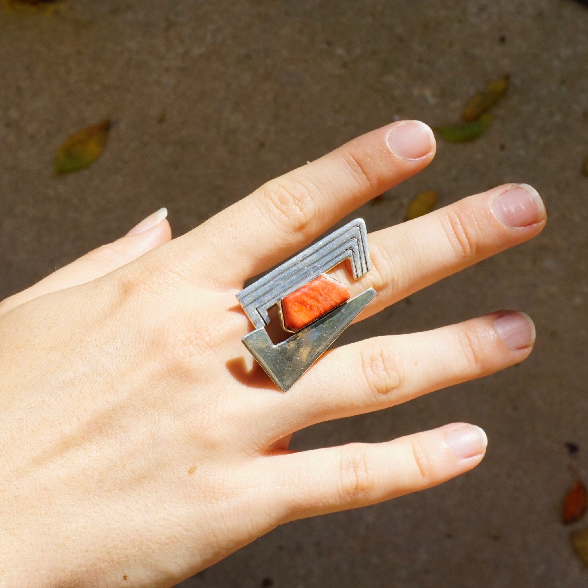 Vintage JB Sterling Coral Ring, Avant Gard Coral and Silver Ring, Large Abstract Ring With Coral Stone, 925 Jewelry