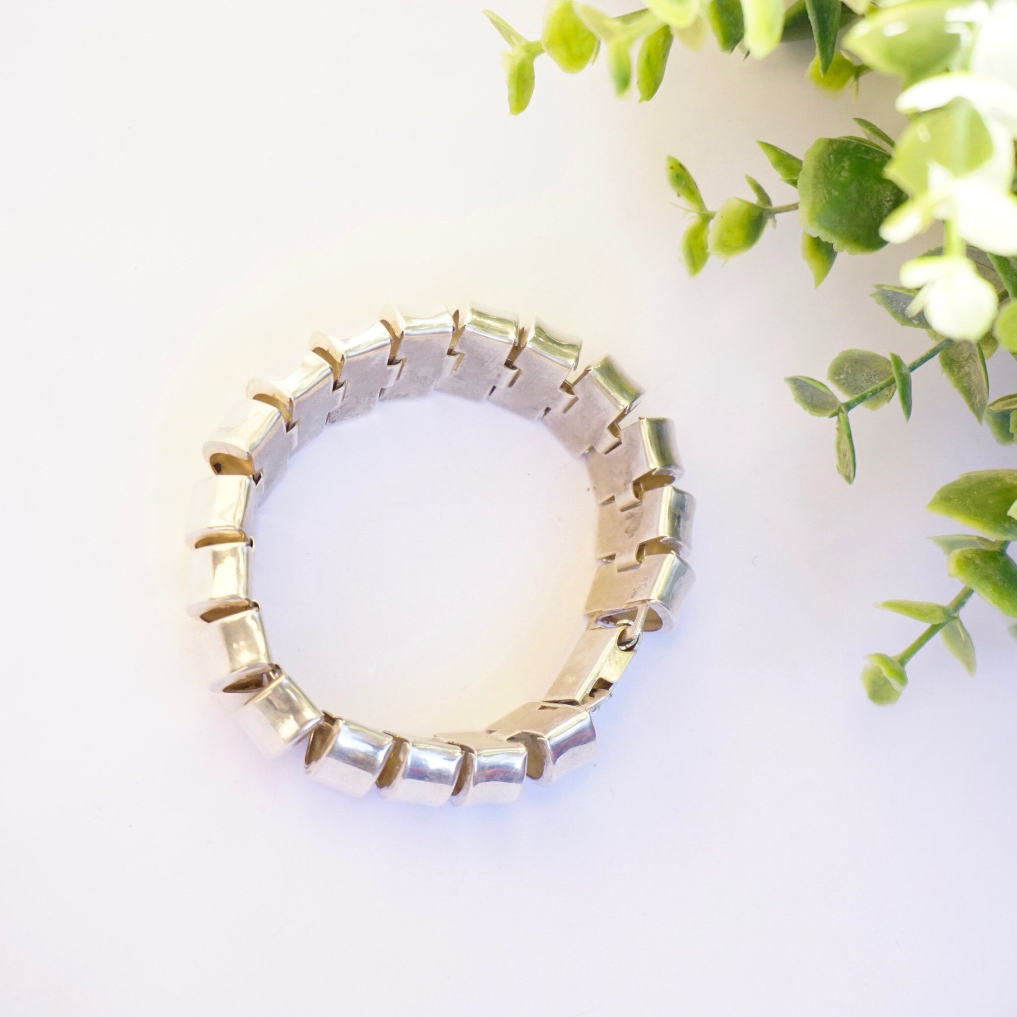 Vintage Sterling Silver Rounded Link Bracelet, Unique Half-Circle Silver Link Bracelet, Modernist Silver Bracelet Cuff, 925 Jewelry